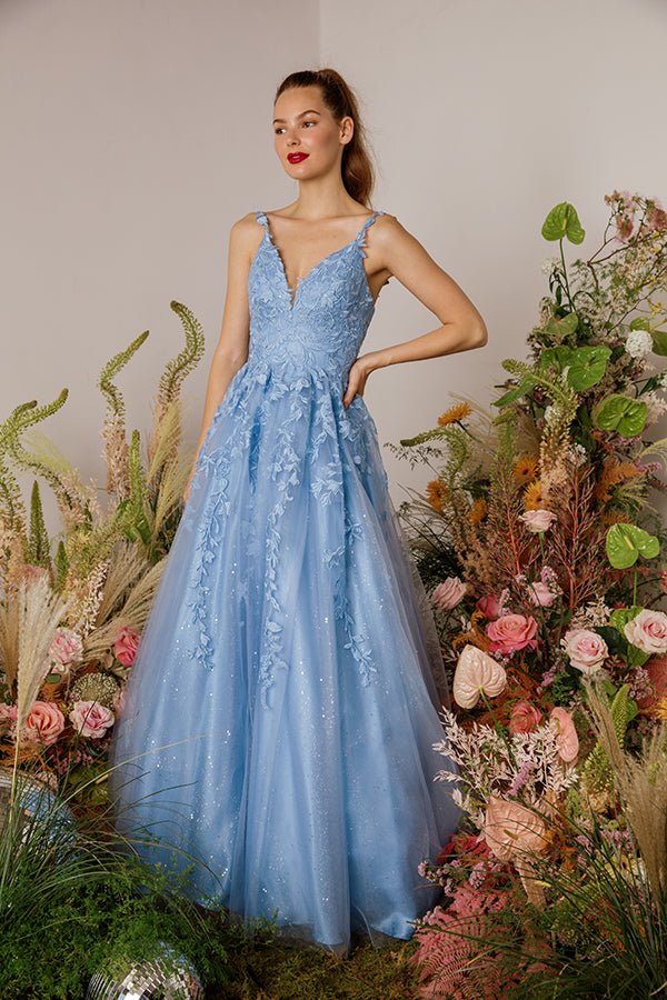 KAROL Lace Applique Tulle A Line Prom & Formal Dress in Australia | One Honey Boutique