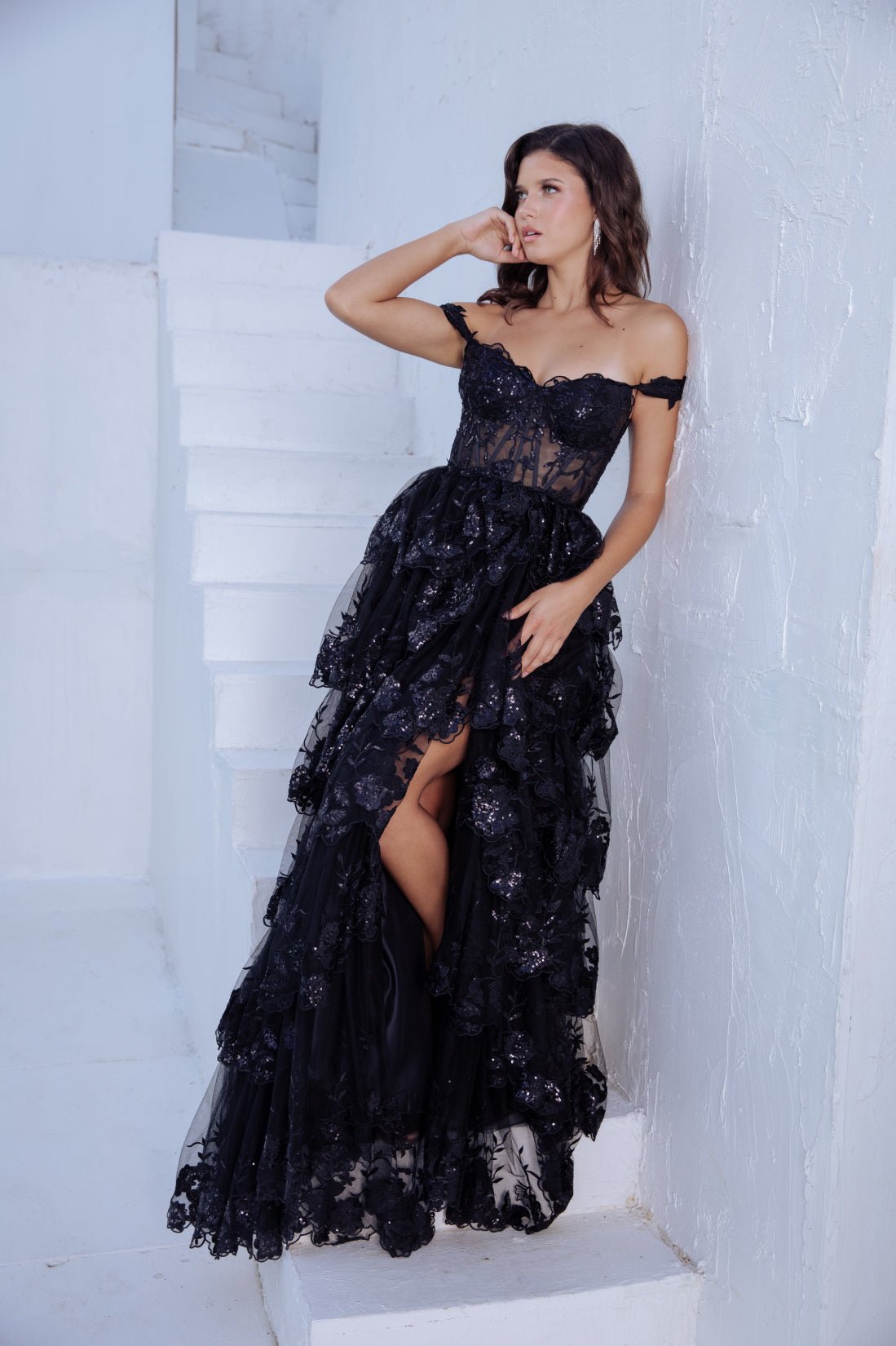 TASHA Off Shoulder Sheer Bodice Tulle Lace Prom & Formal Dress in Australia | One Honey Boutique