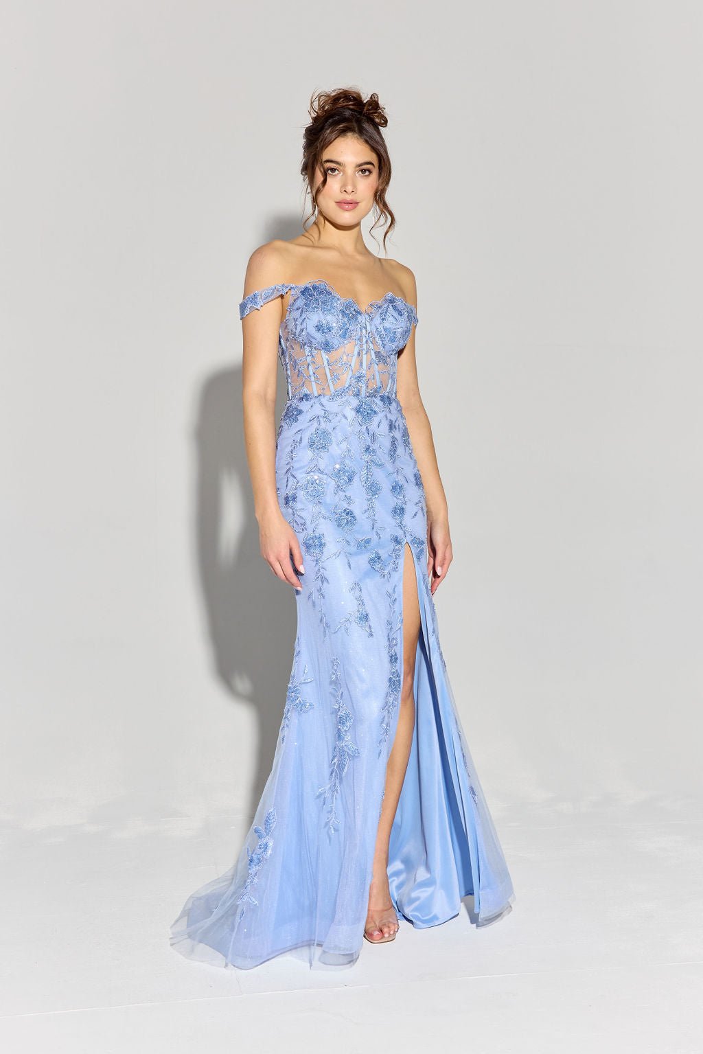 LINDSAY Off Shoulder Sheer Embroidery Fitted Prom & Formal Dress in Australia | One Honey Boutique