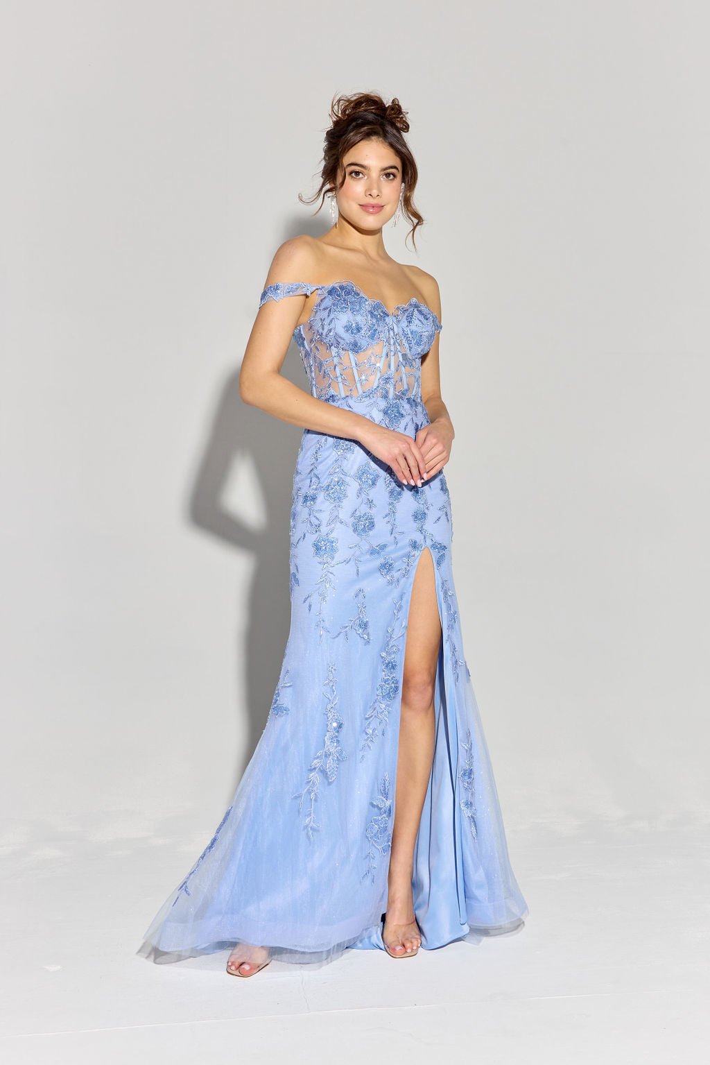 LINDSAY Off Shoulder Sheer Embroidery Fitted Prom & Formal Dress in Australia | One Honey Boutique