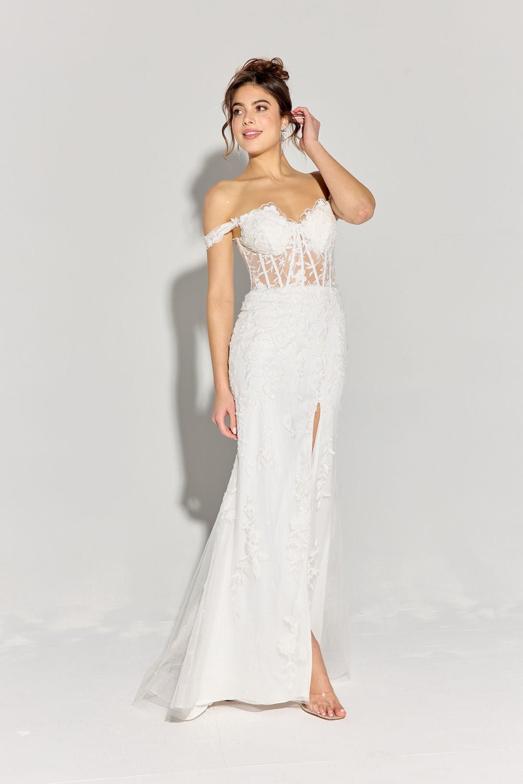 LINDSAY Off Shoulder Sheer Embroidery Fitted Prom & Formal Dress in Australia | One Honey Boutique