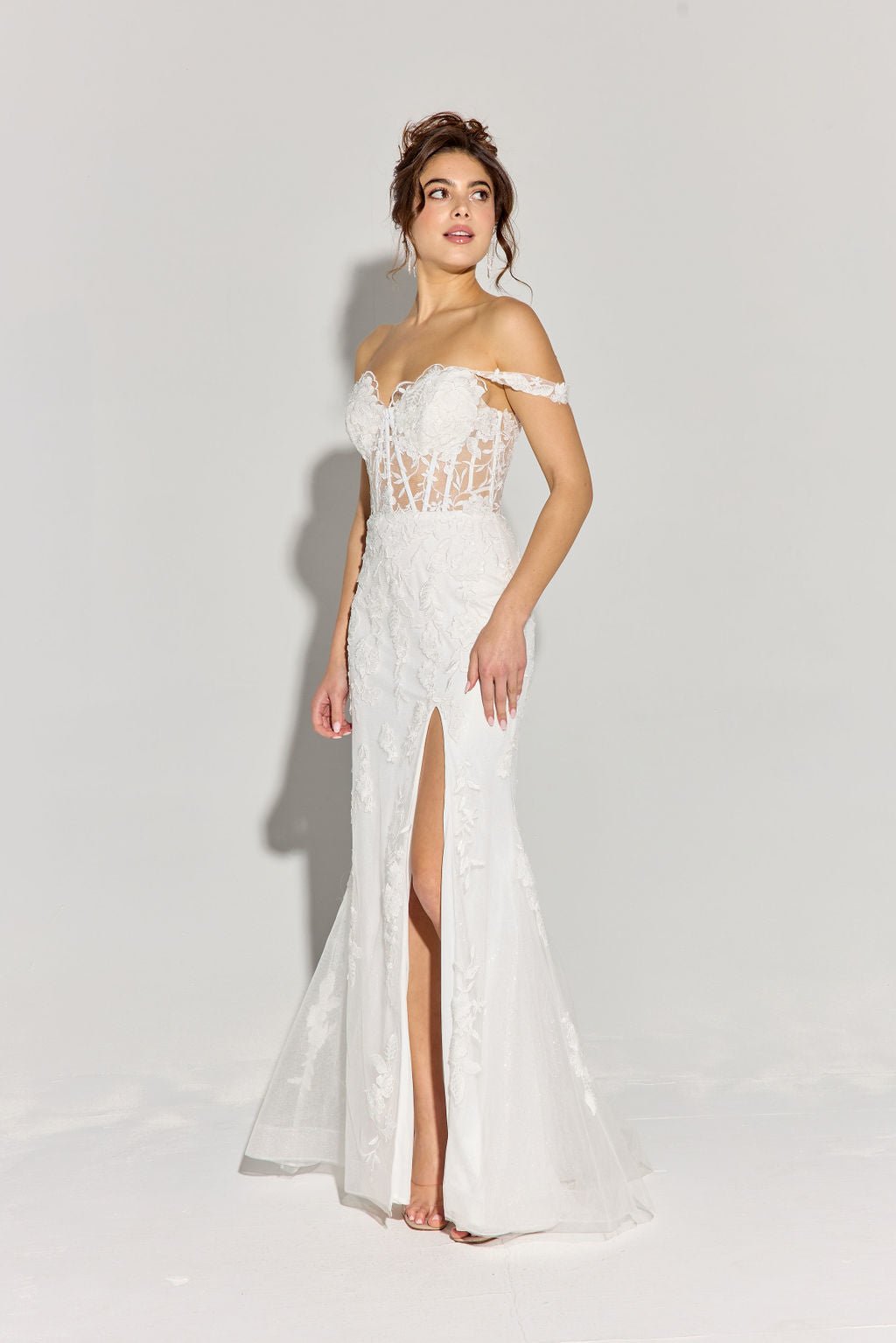 LINDSAY Off Shoulder Sheer Embroidery Fitted Prom & Formal Dress in Australia | One Honey Boutique