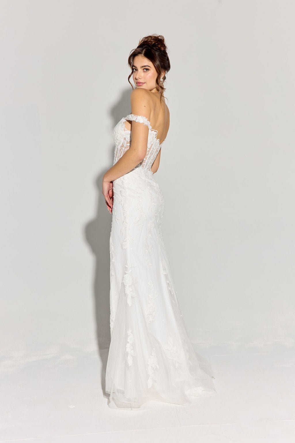 LINDSAY Off Shoulder Sheer Embroidery Fitted Prom & Formal Dress in Australia | One Honey Boutique