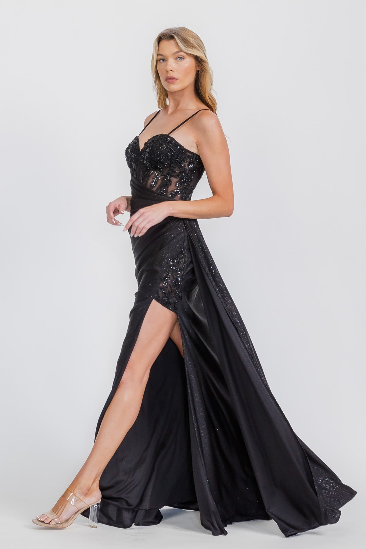 PRIA Lace & Applique Shimmer Corset Prom & Formal Dress