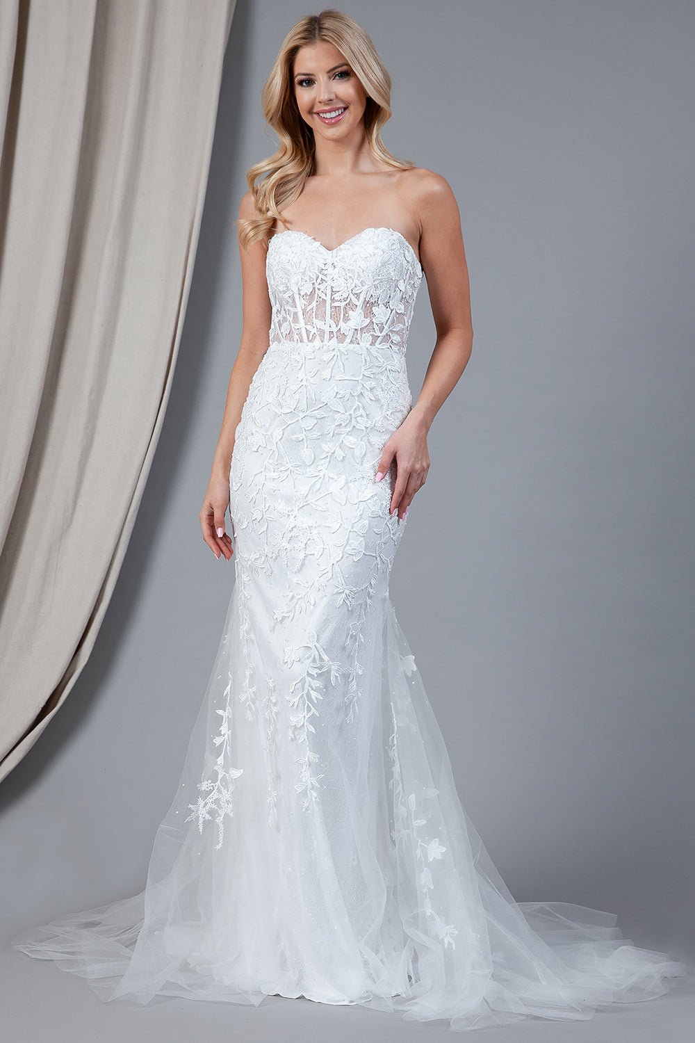 ORIANA White Bridal Strapless Lace Flower Overlay Wedding Dress in Australia | One Honey Boutique