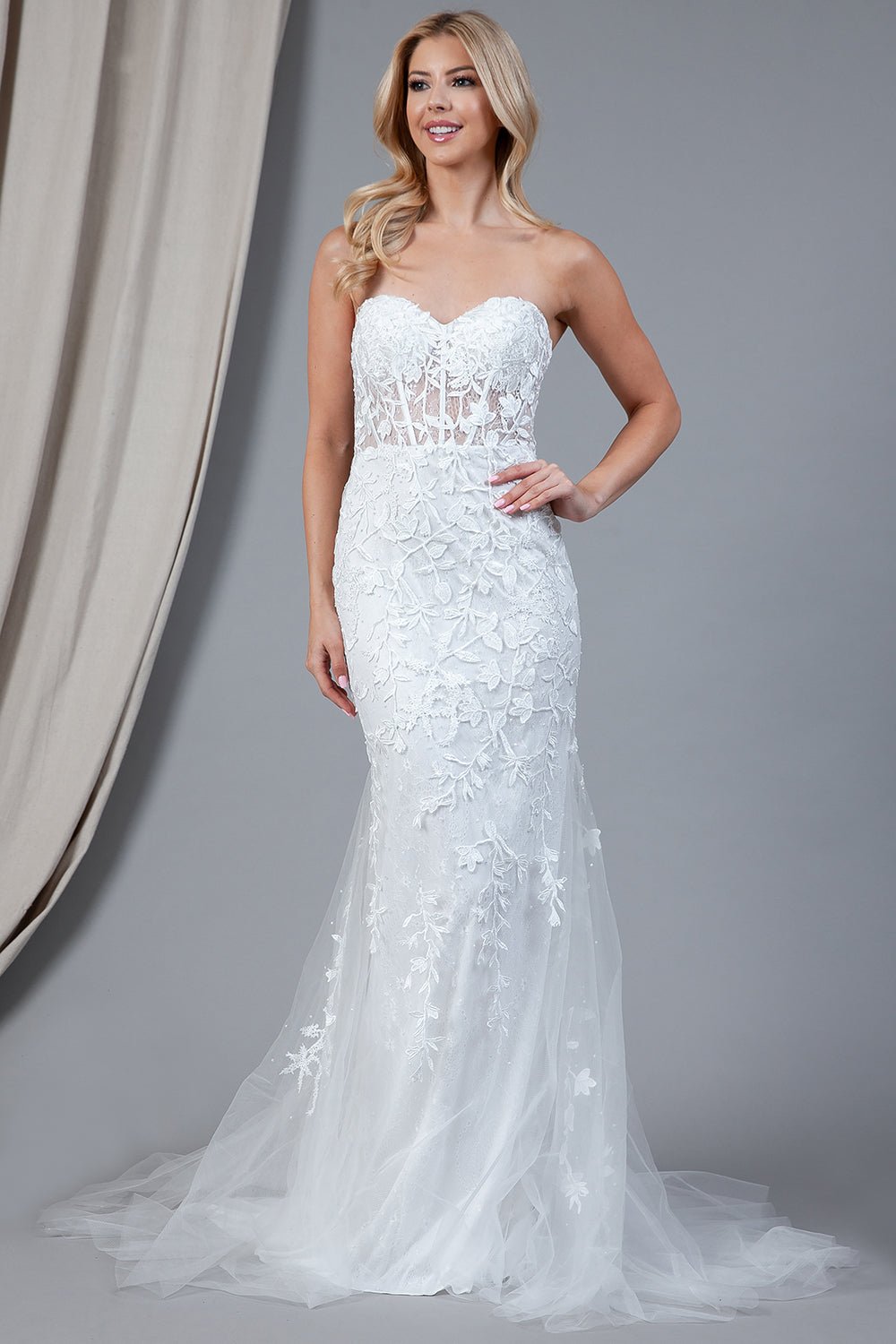 ORIANA White Bridal Strapless Lace Flower Overlay Wedding Dress in Australia | One Honey Boutique