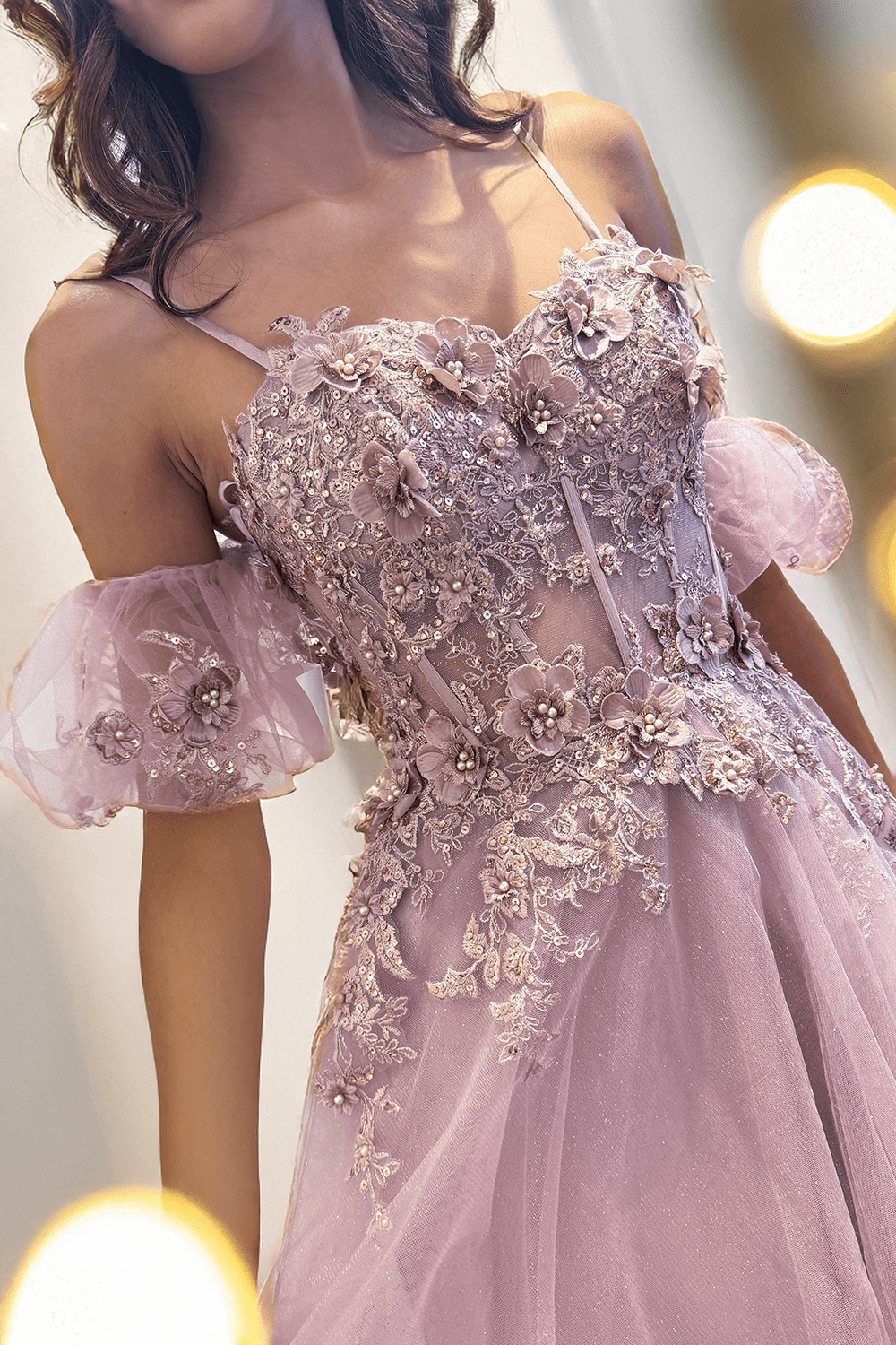 MERIDIA Strapless Puff Sleeve Lace Tulle A Line Prom & Formal Dress in Australia | One Honey Boutique