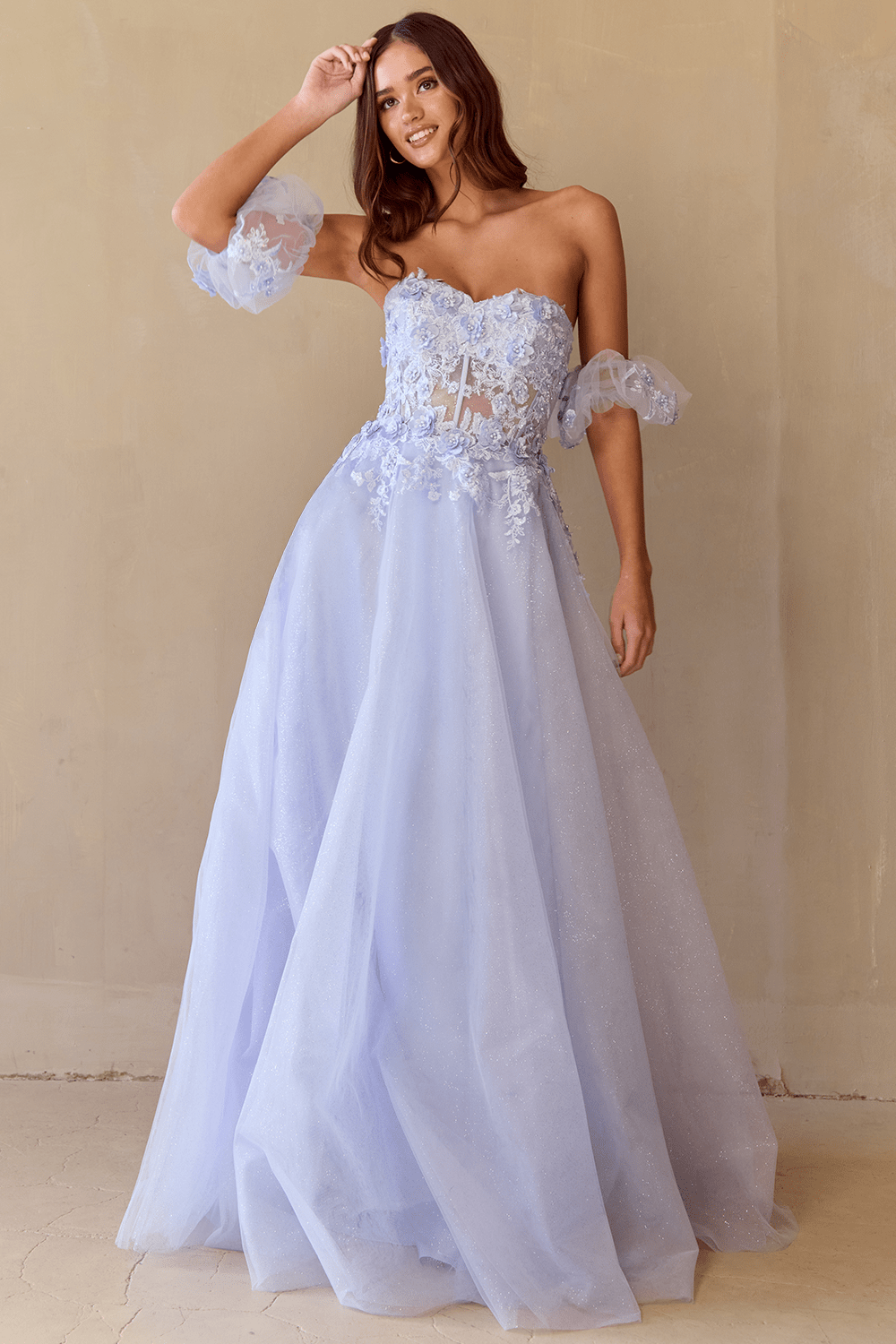MERIDIA Strapless Puff Sleeve Lace Tulle A Line Prom & Formal Dress in Australia | One Honey Boutique