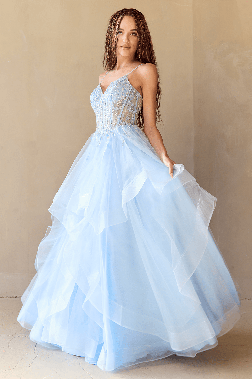 ZINNIA Layered Tulle A-Line Glitter Applique Dress