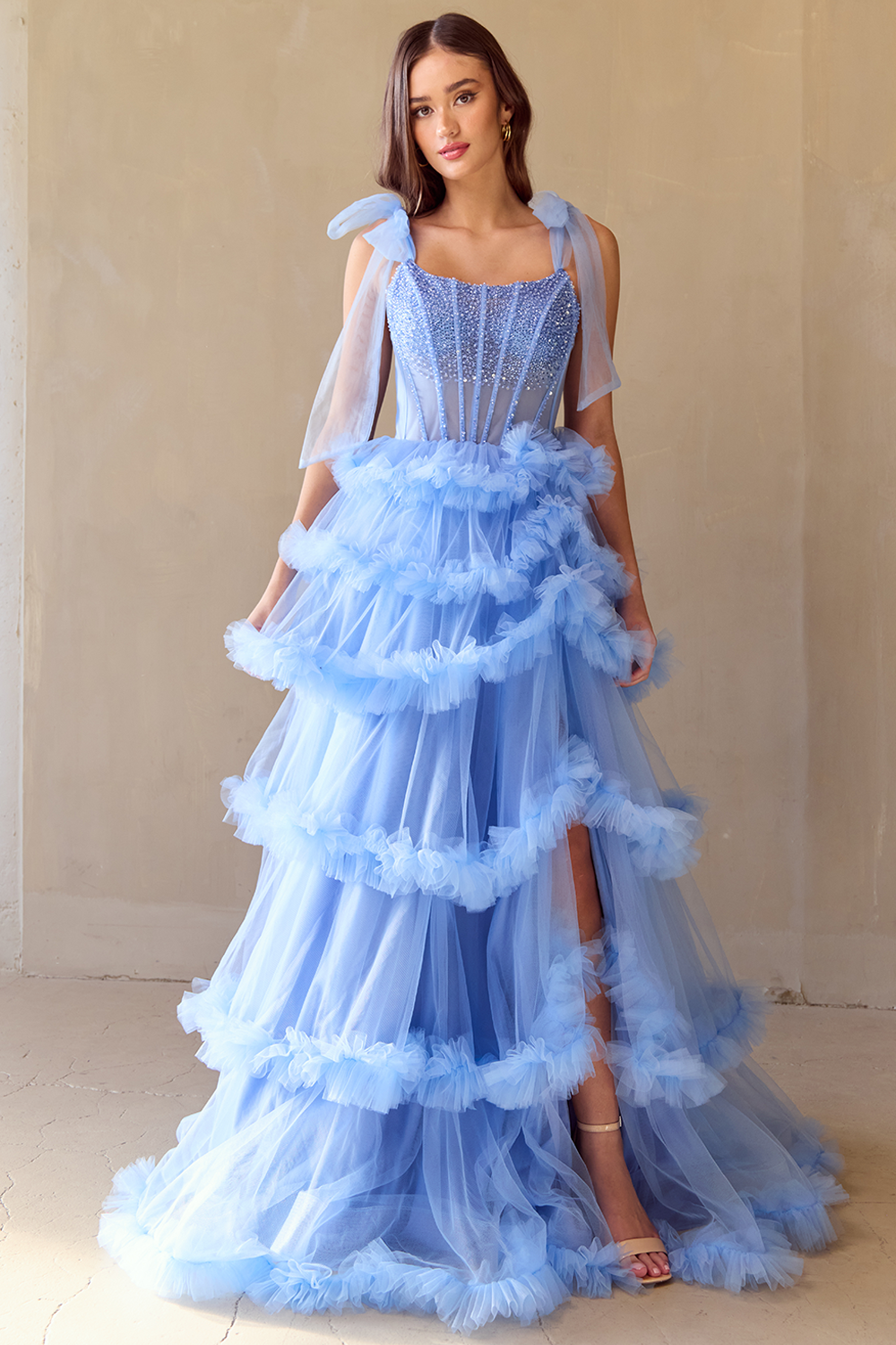 SARELLA Crystal Bodice Bow Feature Tulle Layered A Line Prom & Formal Dress