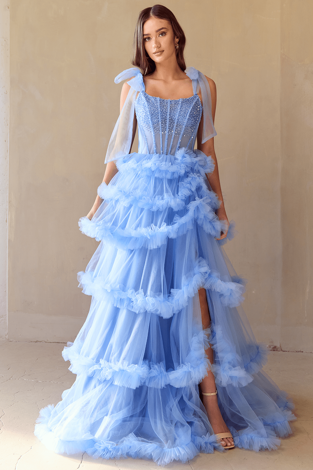 SARELLA Crystal Bodice Bow Feature Tulle Layered A Line Prom & Formal Dress in Australia | One Honey Boutique