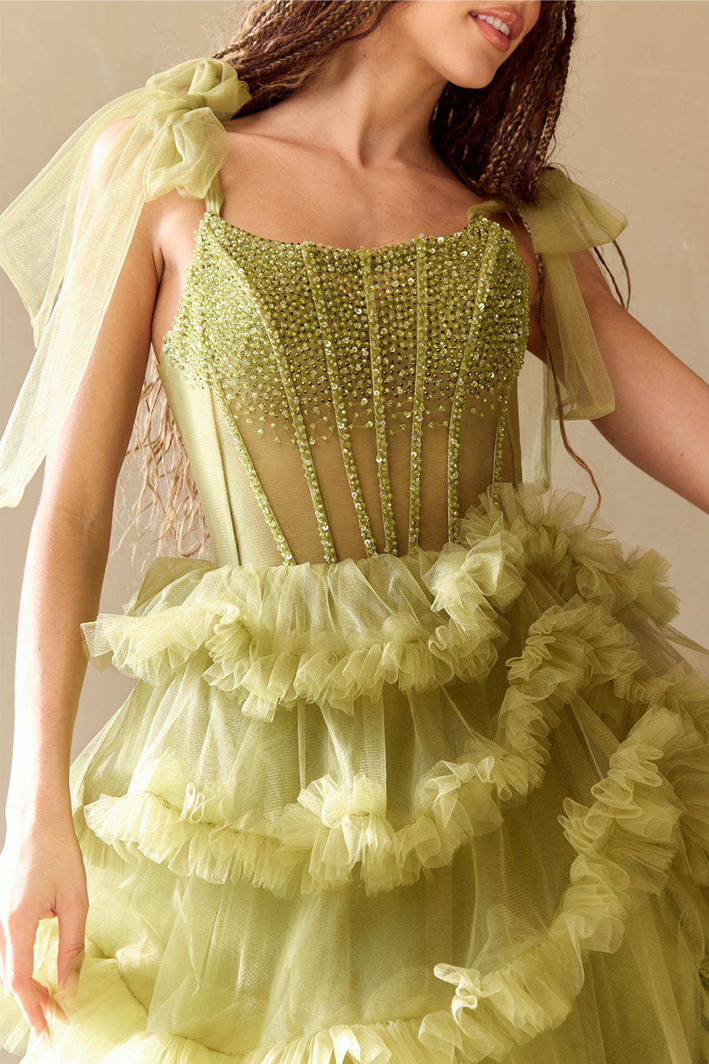 SARELLA Crystal Bodice Bow Feature Tulle Layered A Line Prom & Formal Dress