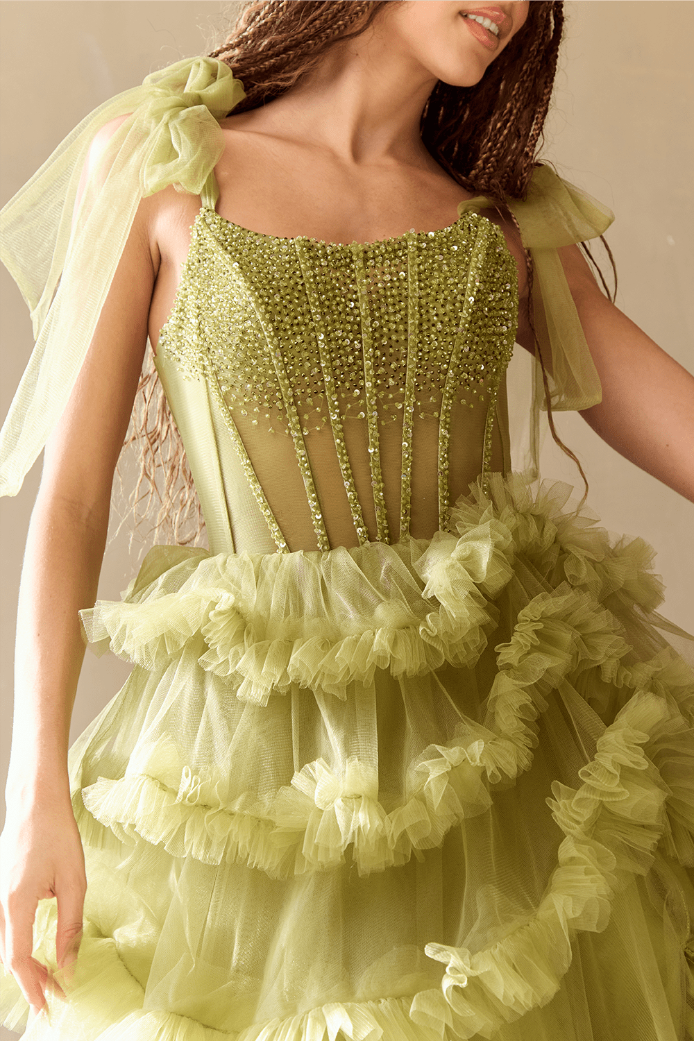 SARELLA Crystal Bodice Bow Feature Tulle Layered A Line Prom & Formal Dress in Australia | One Honey Boutique