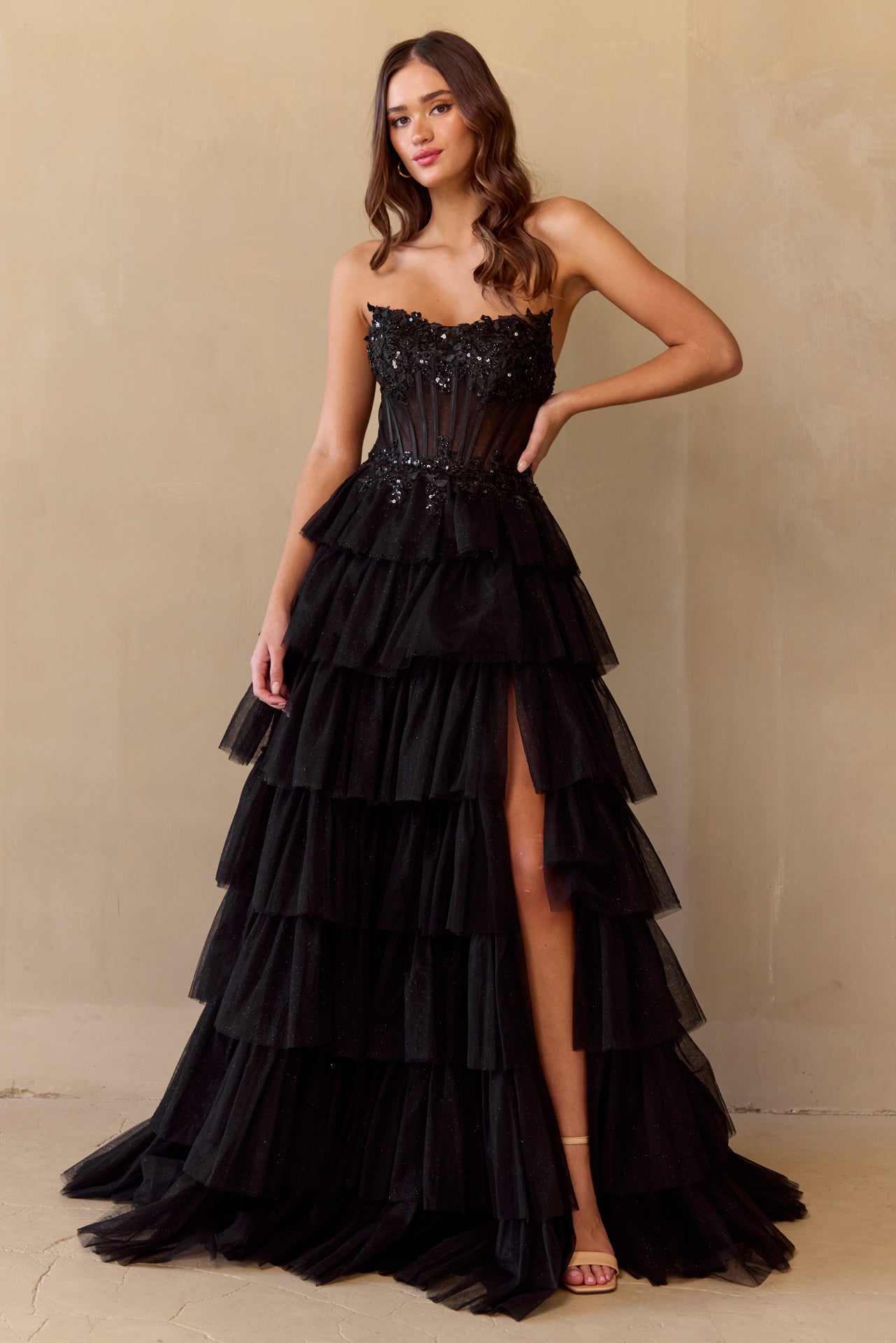 ZANNIA Strapless Layered Tulle A Line Prom Dress - Glitter | One Honey ZANNIA Strapless Layered Tulle A Line Prom Dress - Glitter | One Honey