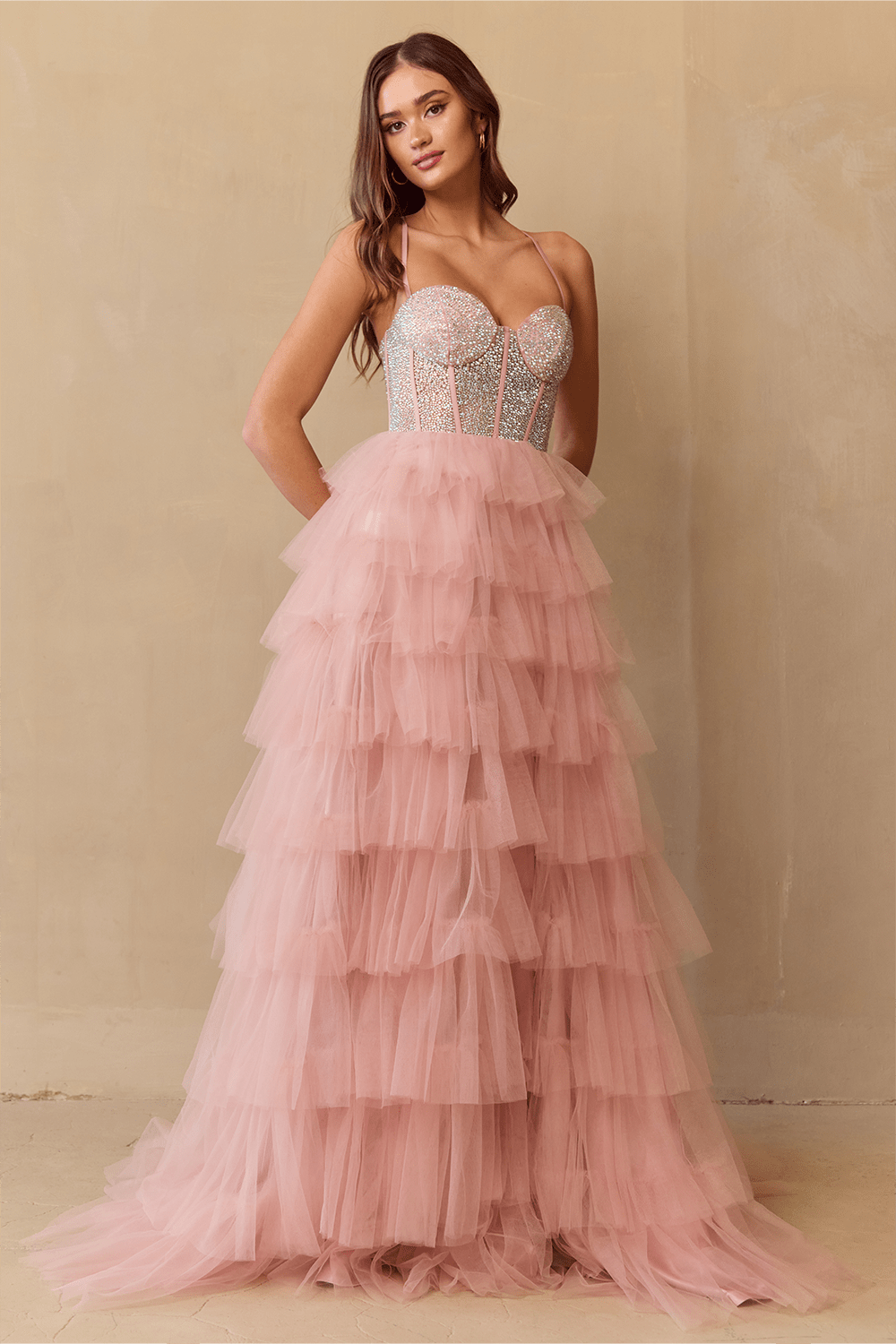 JI Crystal Bodice Tulle Layered A Line Prom & Formal Dress in Australia | One Honey Boutique