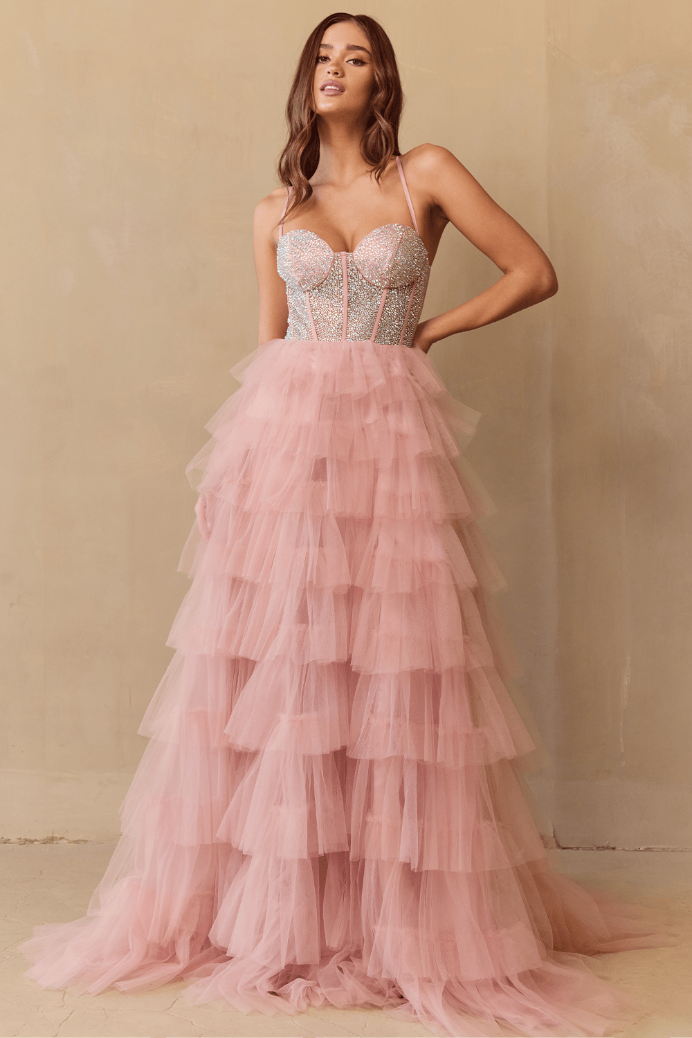 JI Crystal Bodice Tulle Layered A Line Prom & Formal Dress in Australia | One Honey Boutique