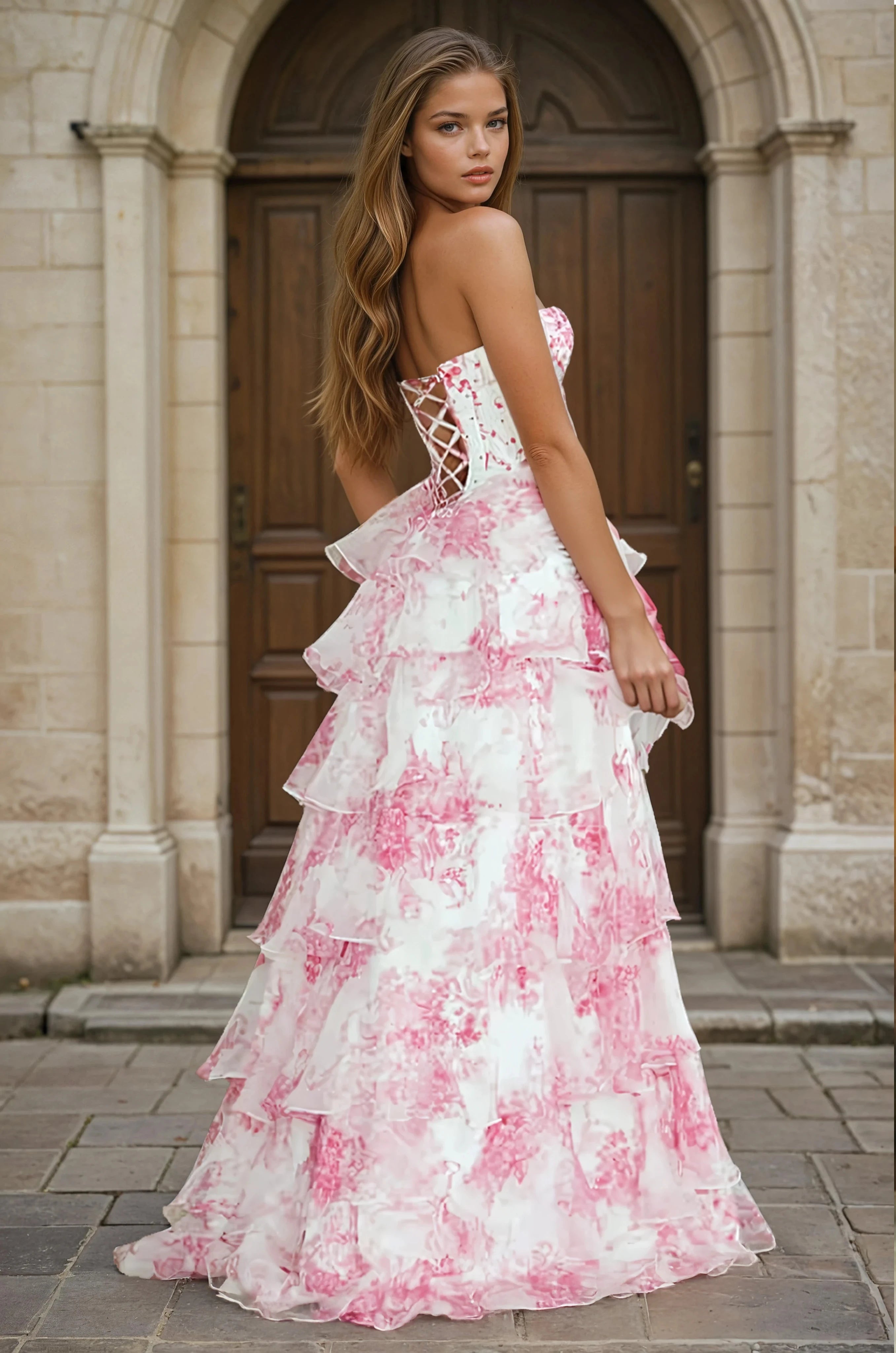 one-honey-pink-white-tiered-prom-dress-lace-up-back-affordable-evening-gown-express-shipping