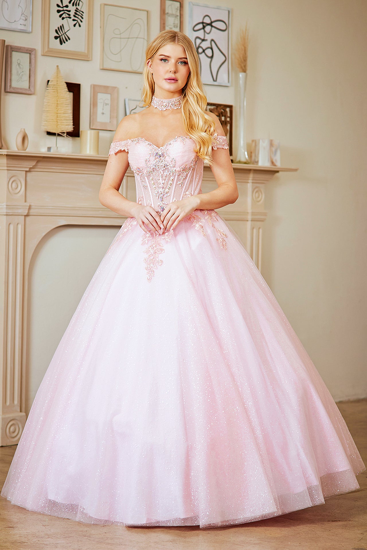 MARGRET Glitter Off-Shoulder Applique A-Line Prom & Ball Gown