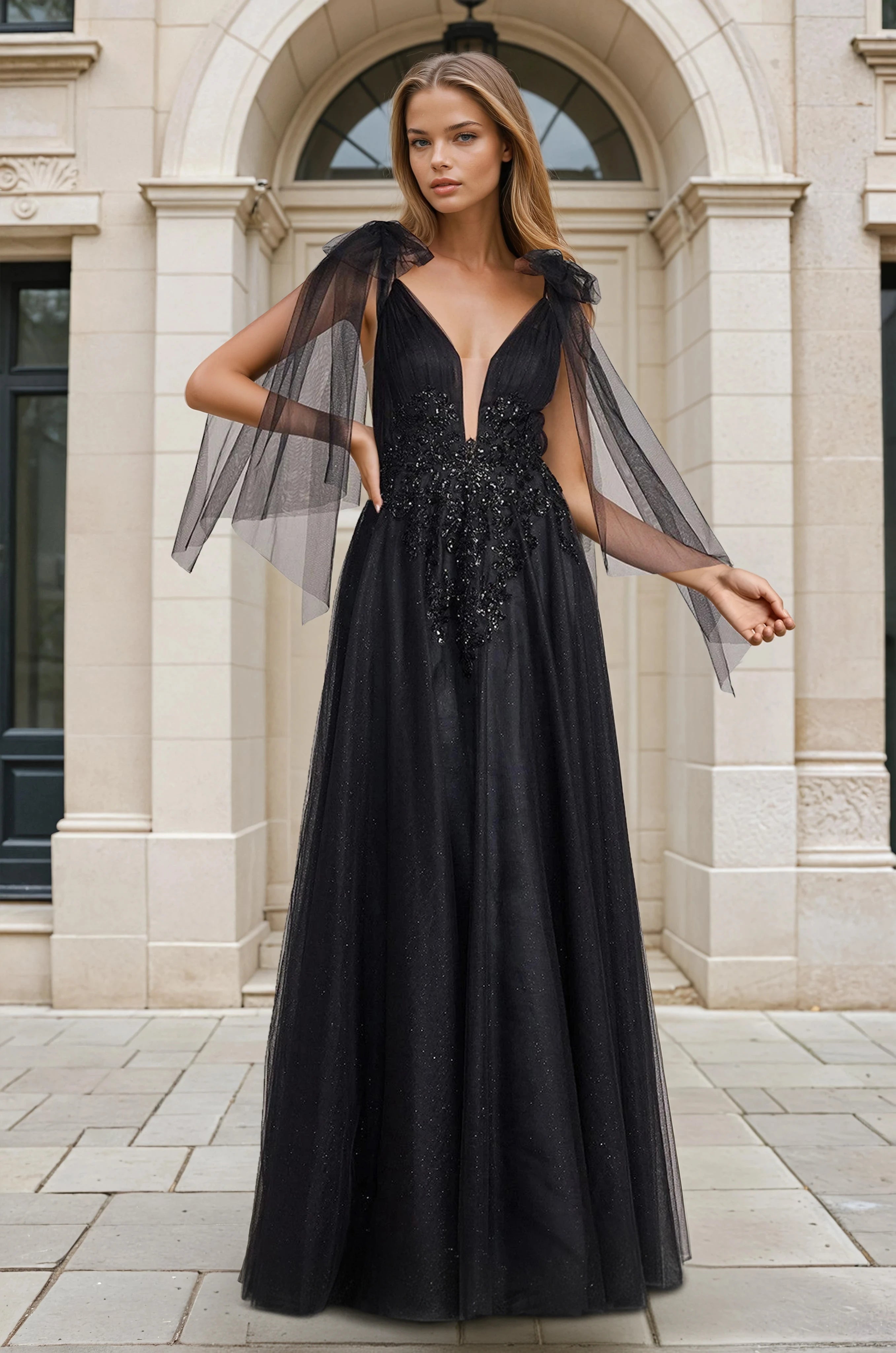 LUNESSA Glitter Tulle Beaded Appliqué V-Neck A-Line Gown