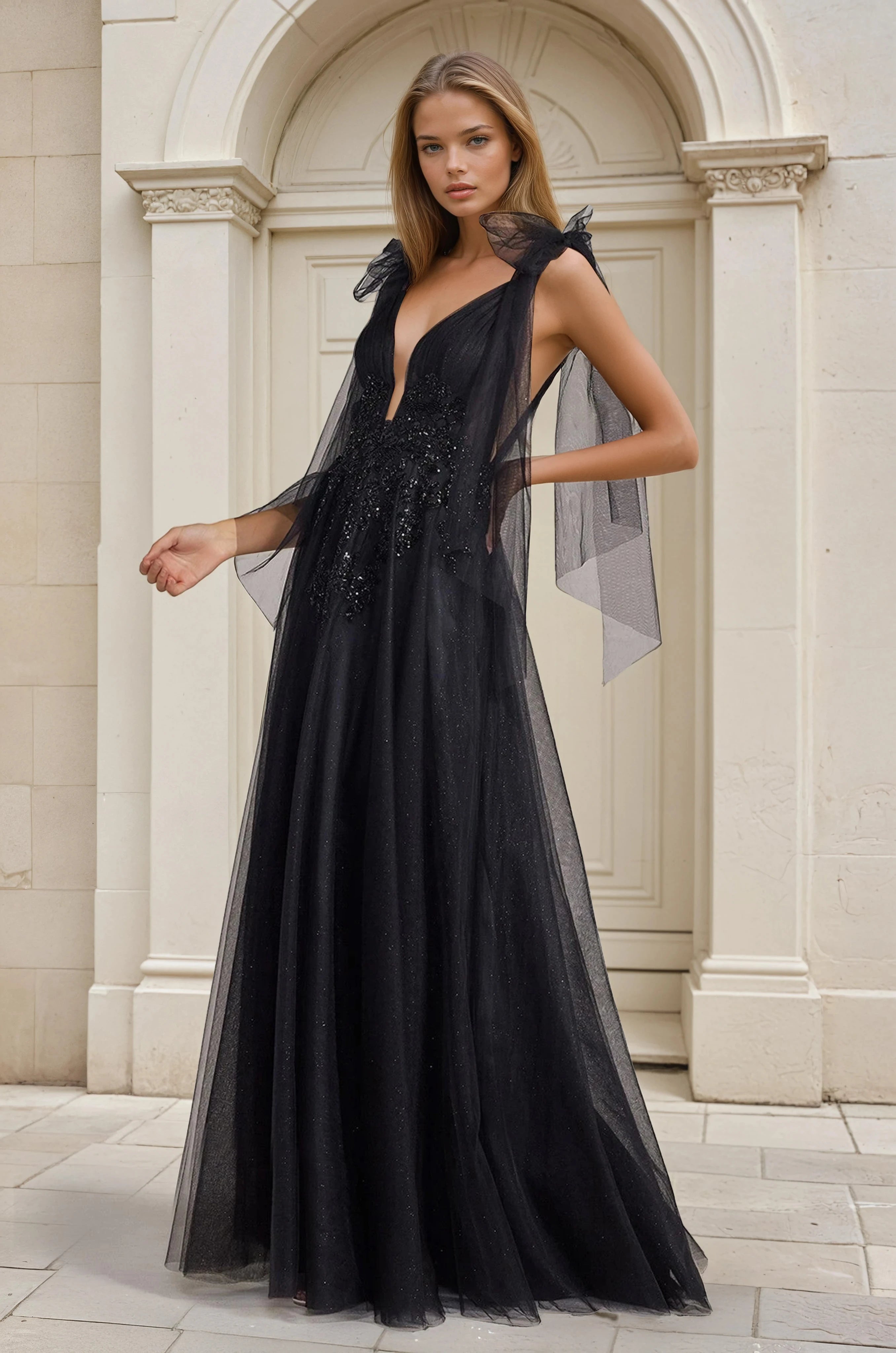 LUNESSA Glitter Tulle Beaded Appliqué V-Neck A-Line Gown