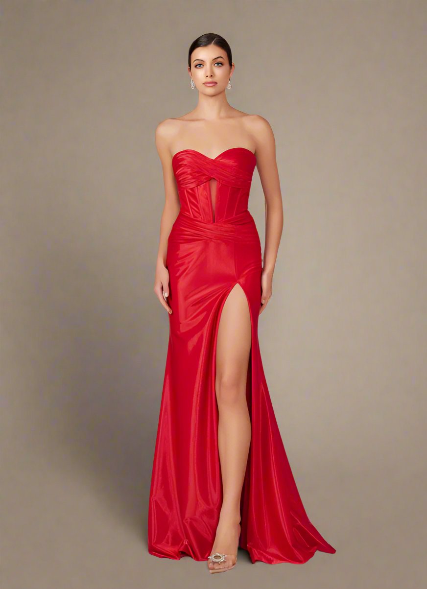 KALERA red strapless corset prom dress with leg split, lace-up back design. Perfect for formal events from Brisbane to Gold Coast.