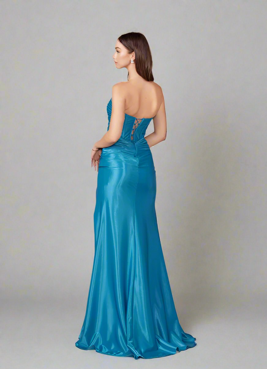KALERA shiny strapless corset dress with lace-up back, perfect for proms and formals. Elegant evening gown, Brisbane to Gold Coast.