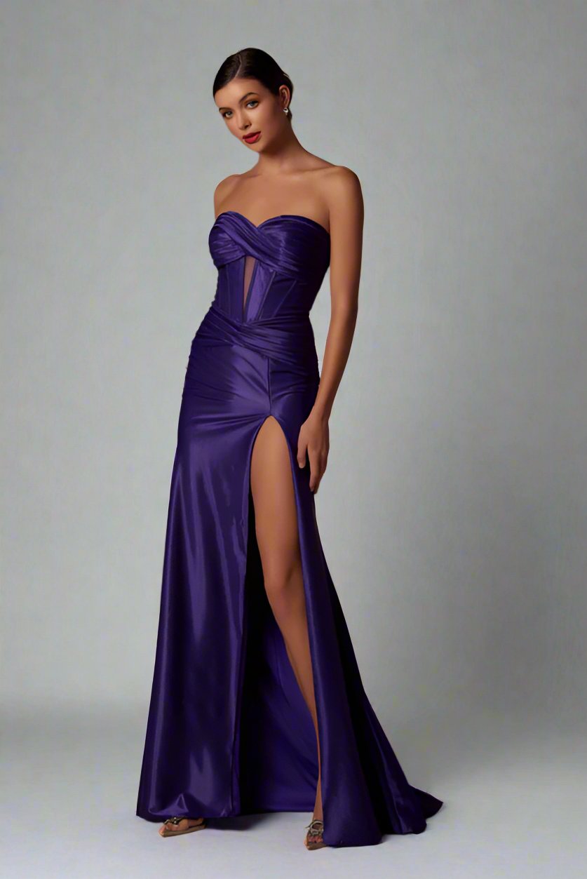 KALERA strapless shiny corset prom gown with sweetheart neckline and leg split, perfect for formal events, Brisbane to Gold Coast.