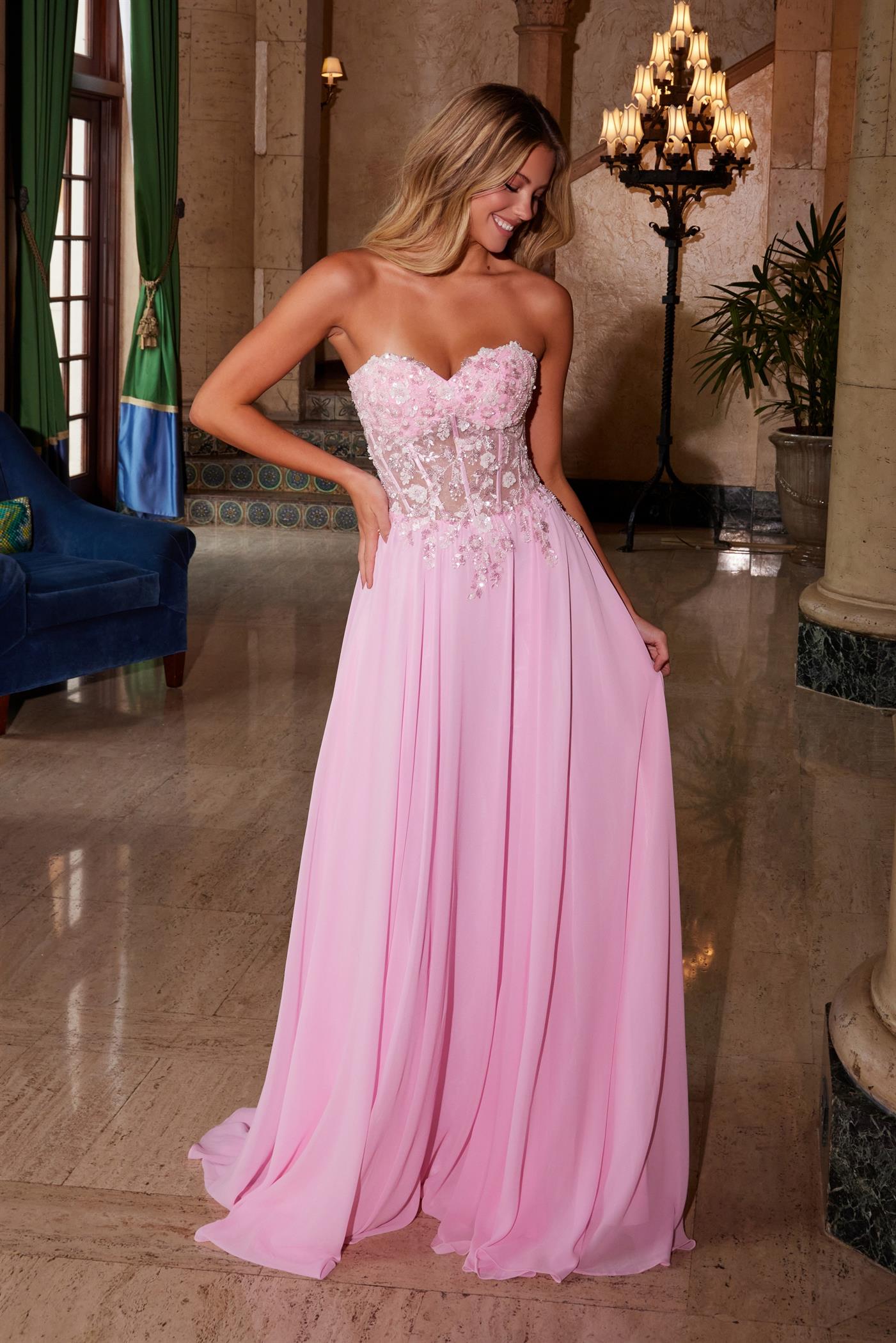 KYLE Strapless Glitter Bodice Prom Dress with sweetheart neckline and flowing chiffon skirt. Perfect for formal occasions. Brisbane to Gold Coast.
