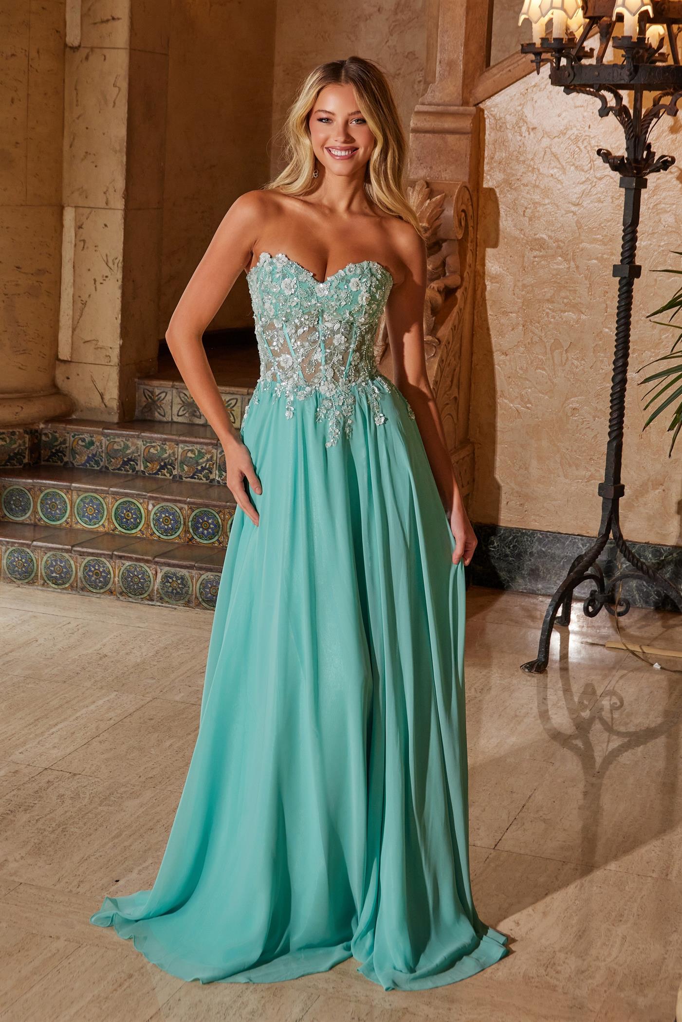 KYLE Strapless Glitter Applique Bodice Chiffon Prom Gown with Sweetheart Neckline, Brisbane to Gold Coast.