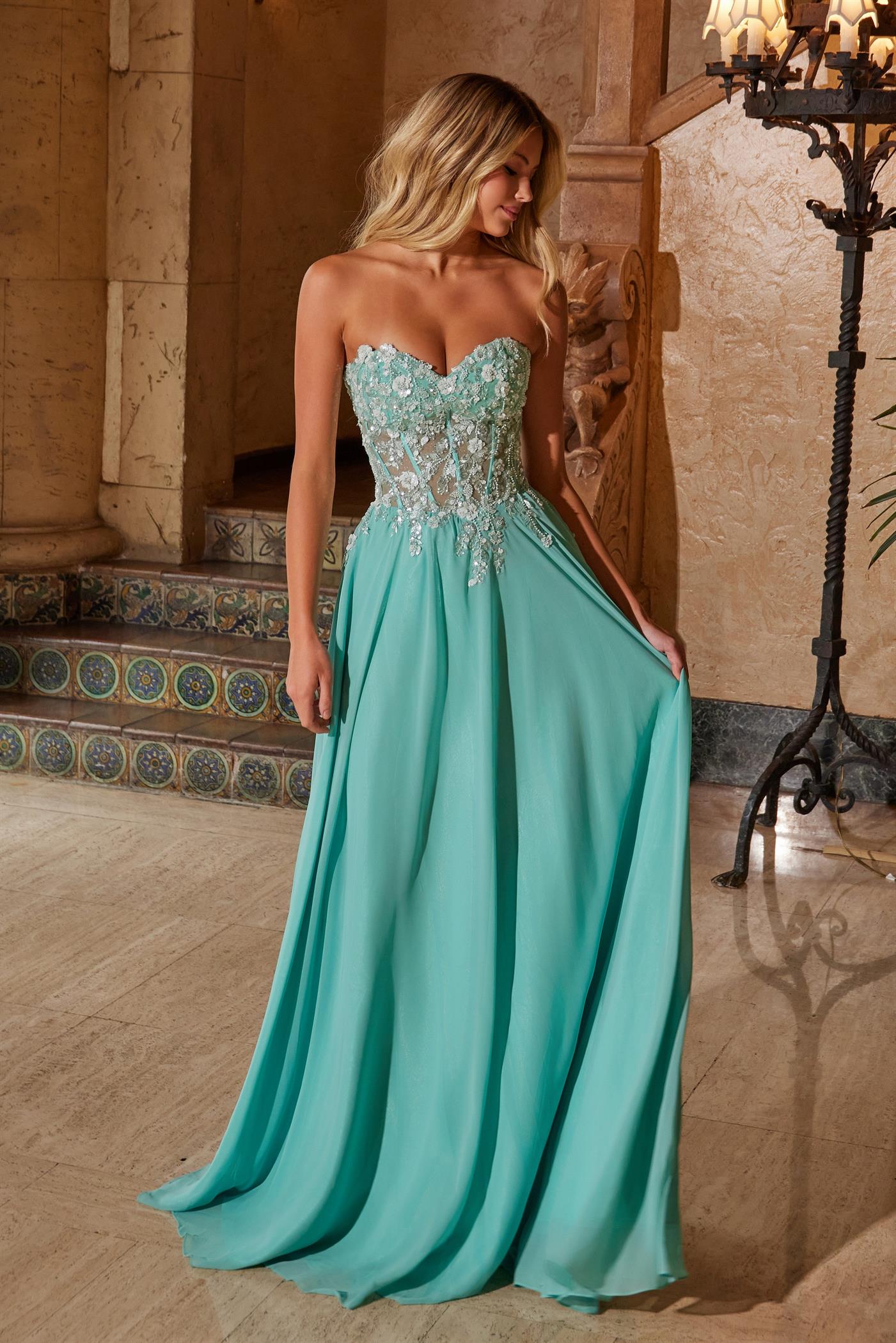 KYLE strapless glitter applique chiffon prom dress with sweetheart neckline, floral bodice, flows elegantly. Brisbane to Gold Coast.