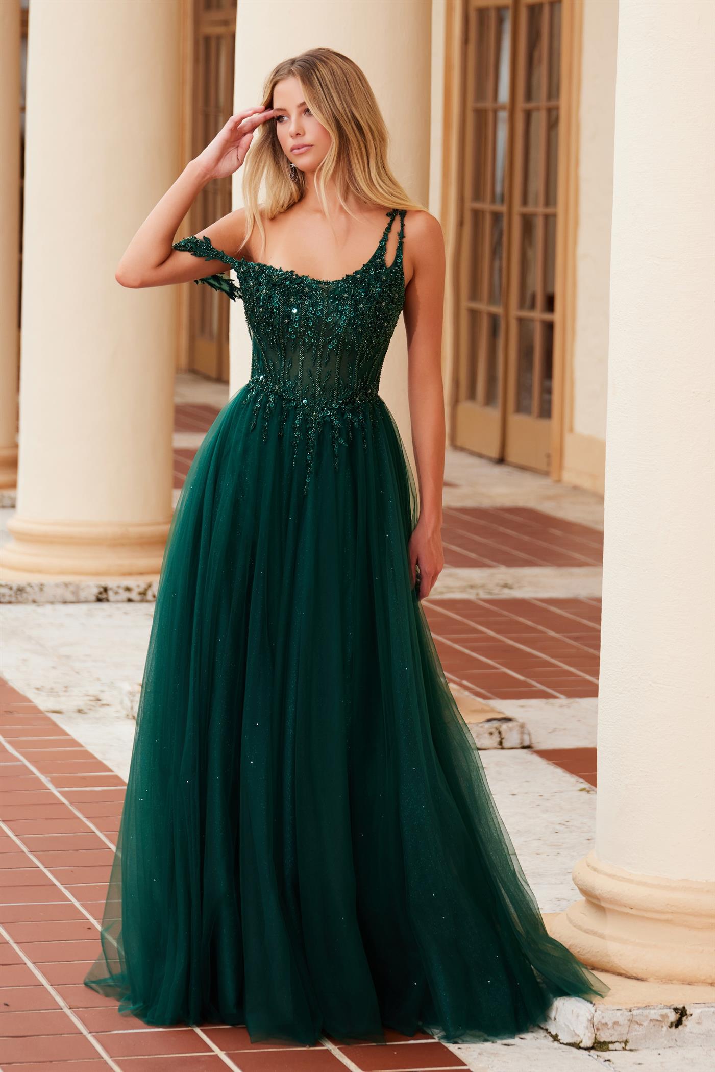 MELATI Sheer Beaded Bodice Prom Dress with delicate straps, emerald green tulle, perfect for formal occasions. Brisbane to Gold Coast.