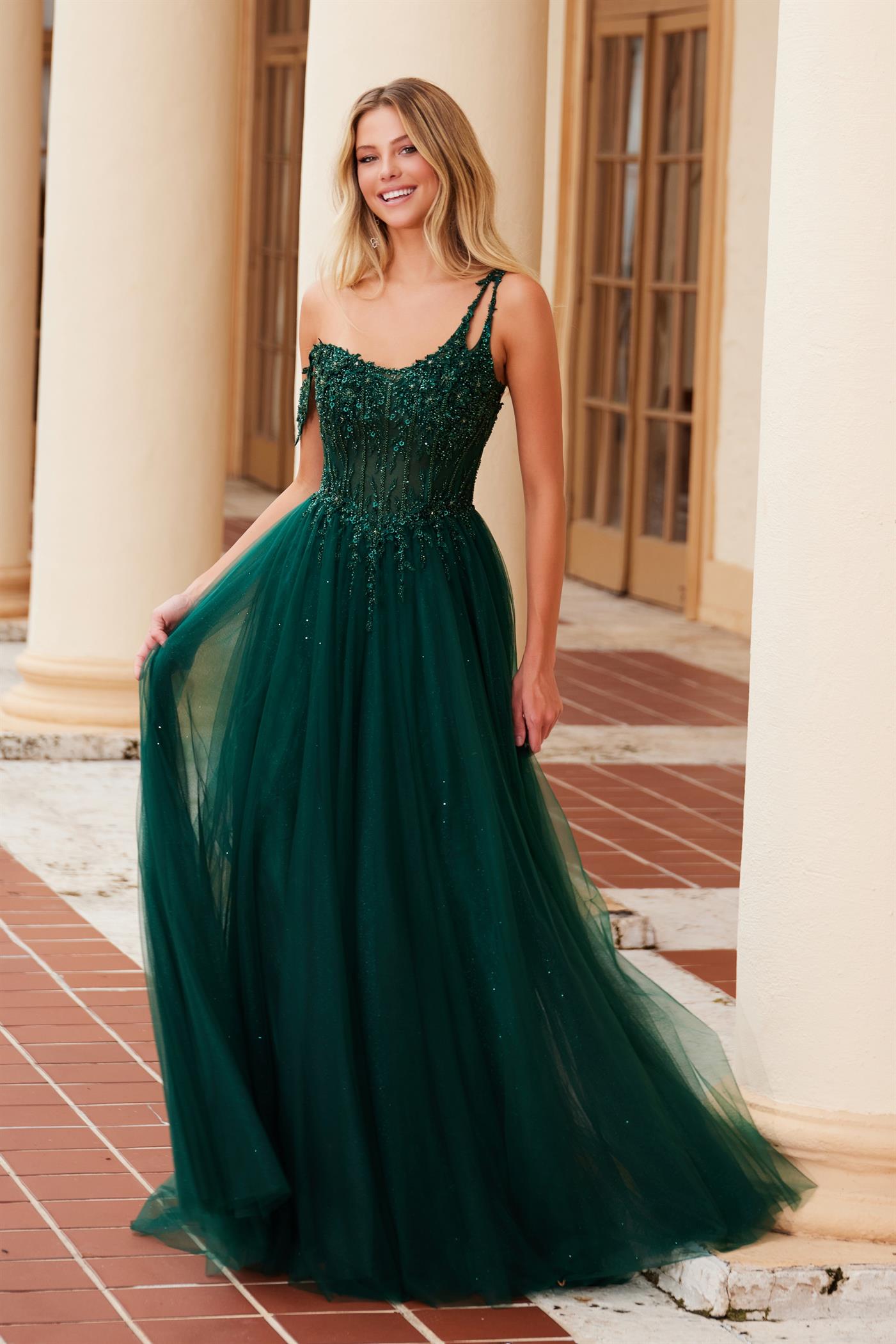 MELATI Sheer Beaded Bodice A Line prom gown, featuring an elegant green tulle skirt, perfect for formal events. Brisbane to Gold Coast.