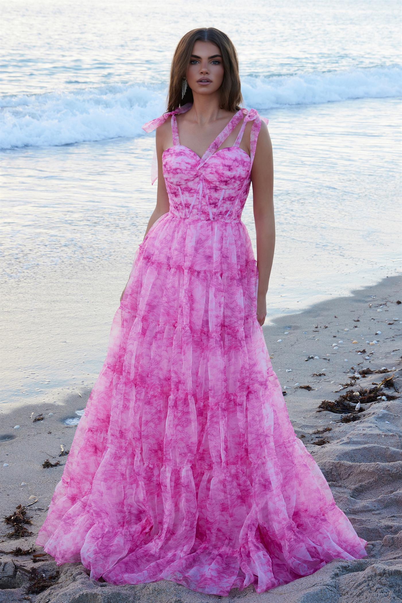 ROSEATE Floral Bow A-Line chiffon prom dress with bowtie straps on the beach. Brisbane to Gold Coast, Australia.