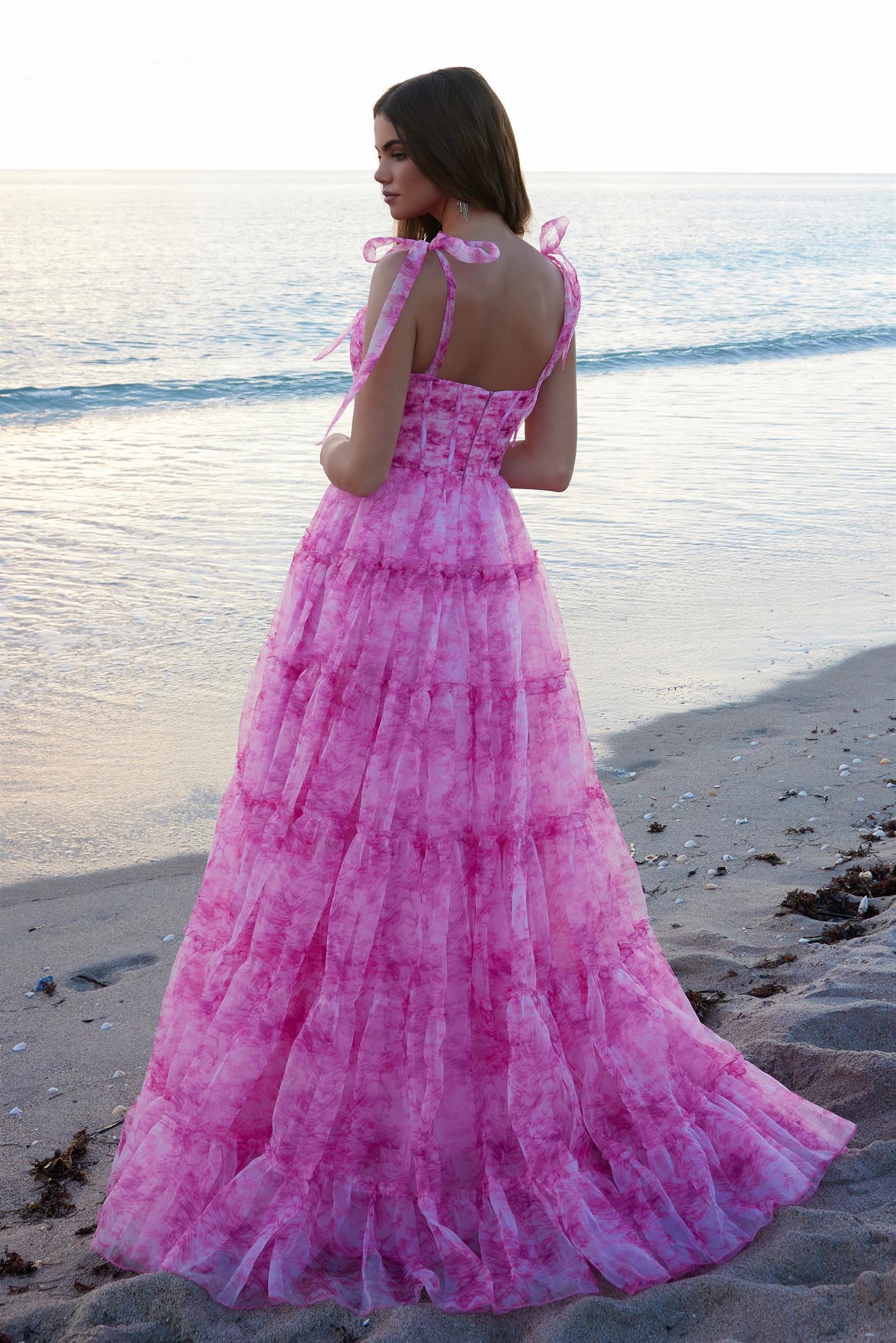 ROSEATE Floral Bow A-line dress with tiered chiffon skirt at the beach, ideal for prom or formal events from Brisbane to Gold Coast, Australia.
