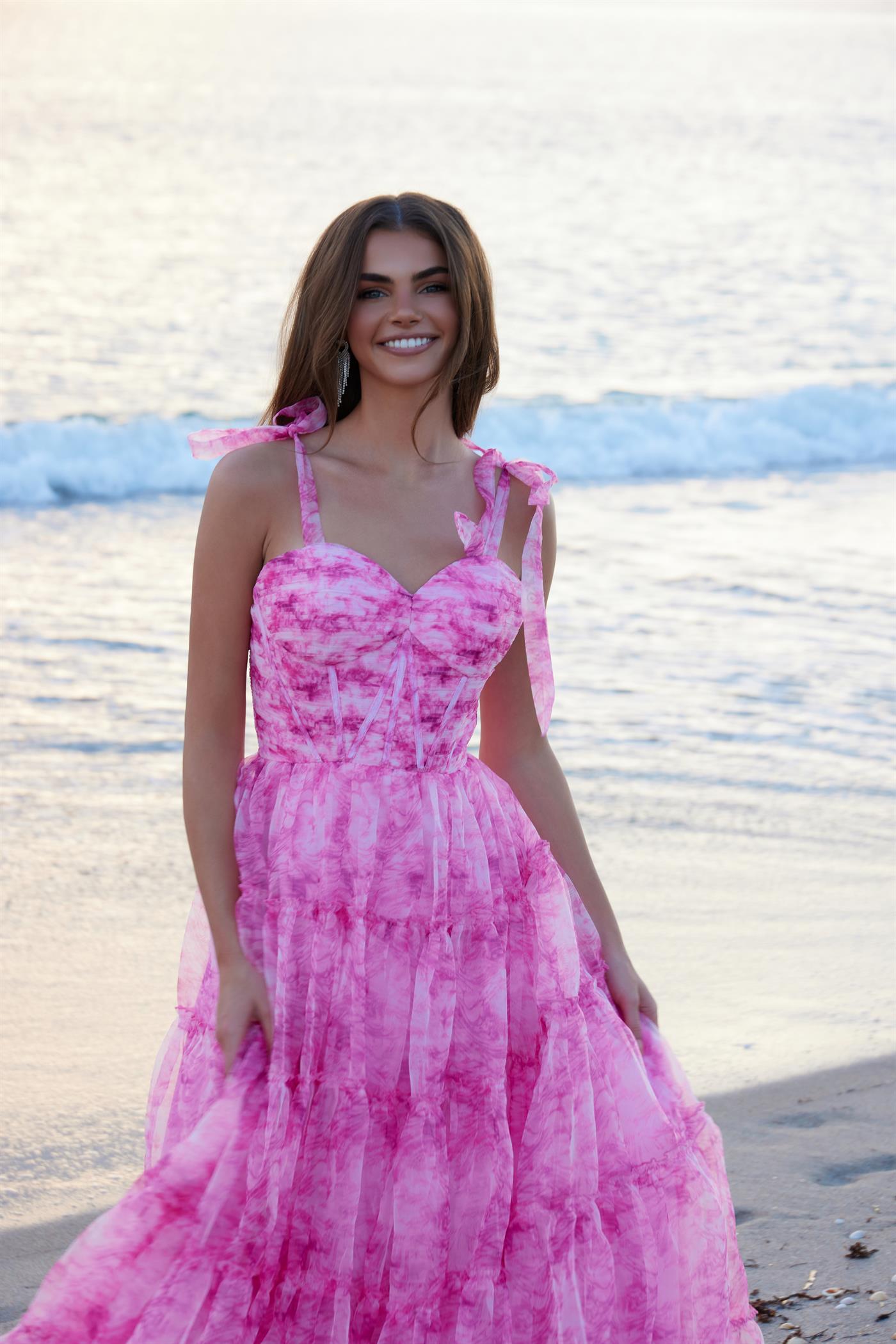 ROSEATE Floral Bow A-line Prom Dress with sweetheart neckline and bowtie straps on the beach. Brisbane to Gold Coast, Australia.