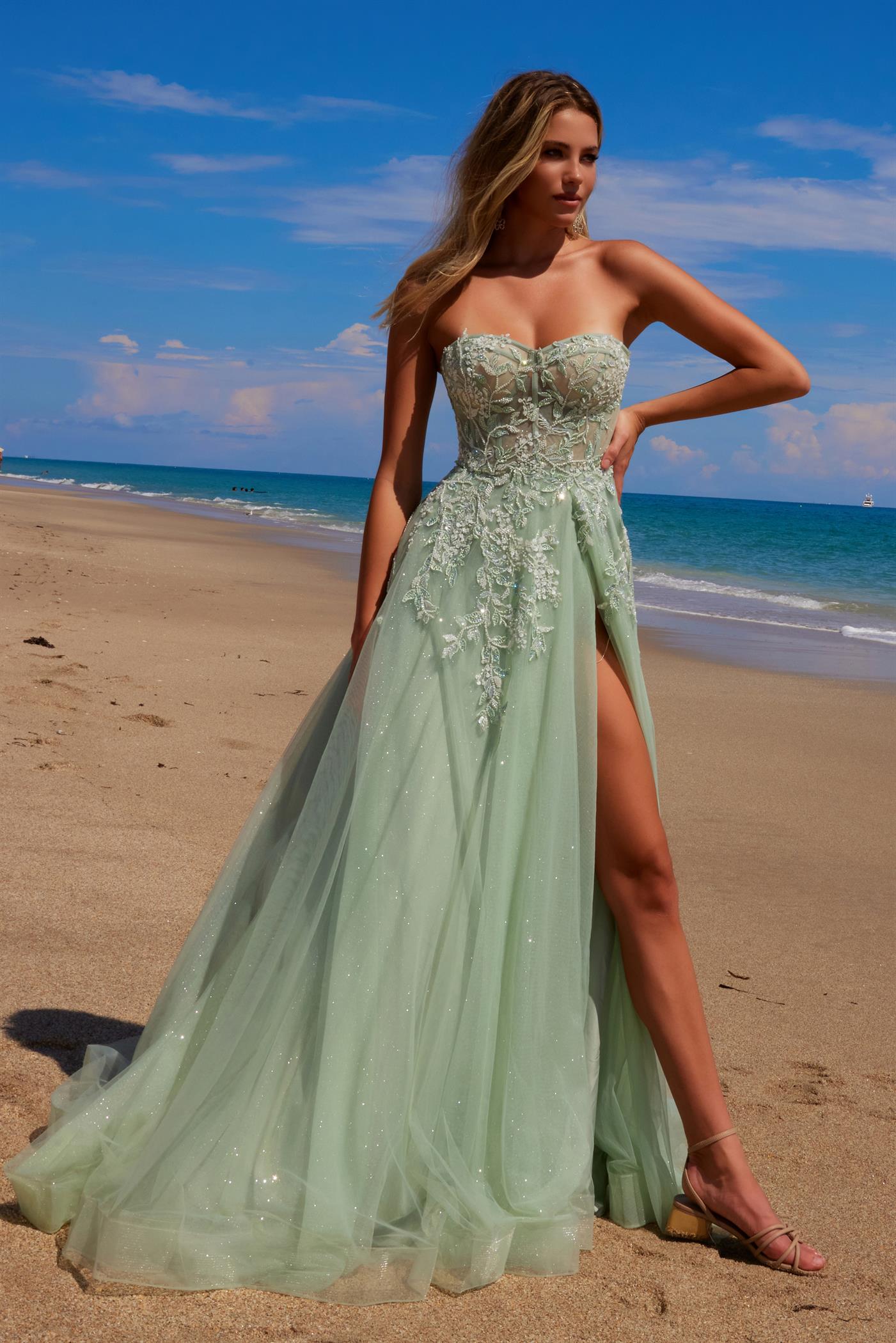 CASSIA Strapless Applique Bustier Tulle A Line prom gown with sequin details, set on a beach. Brisbane to Gold Coast.