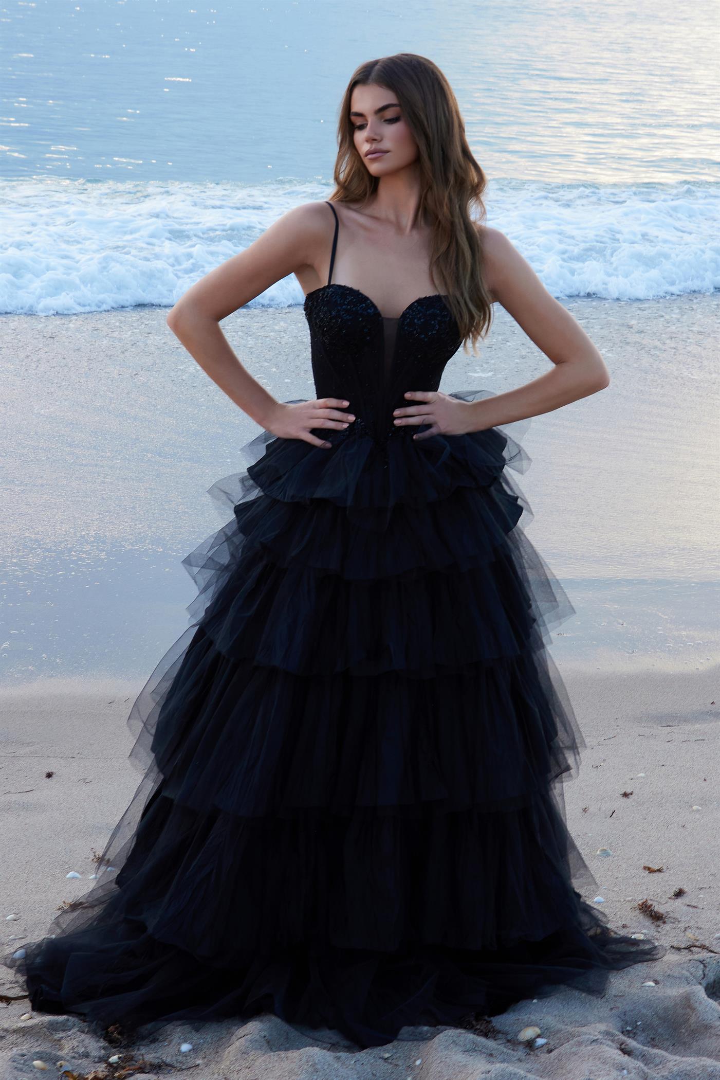 LUCIE elegant black sequin applique tulle prom gown with layered skirt and spaghetti straps, perfect for formal events. Brisbane to Gold Coast.