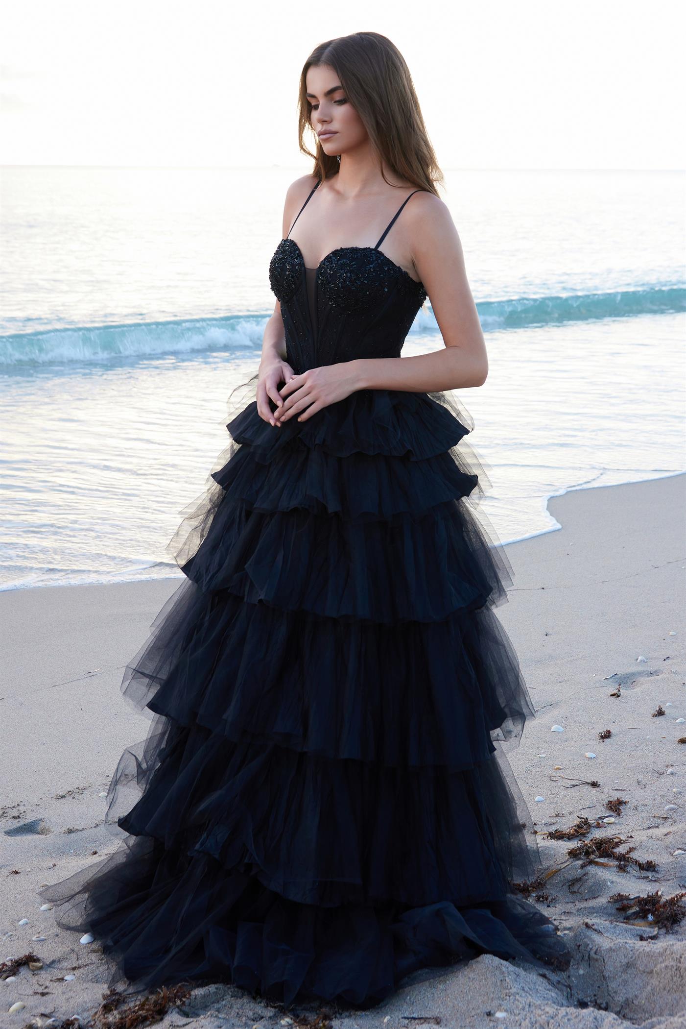 LUCIE Sequin Applique Tulle Layered Prom & Formal Gown with tiered tulle skirt and sweetheart neckline. Brisbane to Gold Coast.