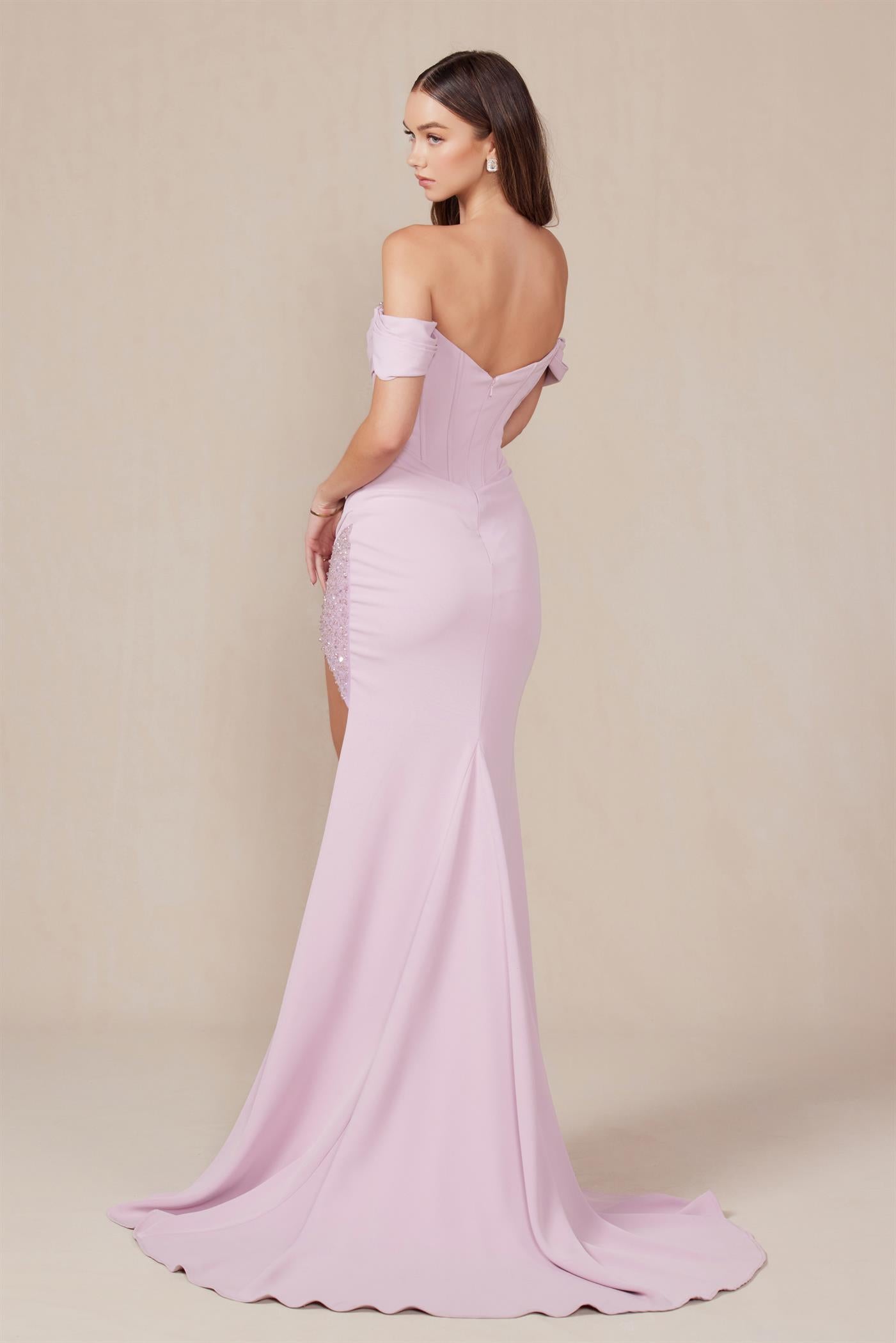 SHANTI Boned Crystal Feature Satin Prom Dress with off-the-shoulder neckline and elegant flow, Brisbane to Gold Coast, Australia.