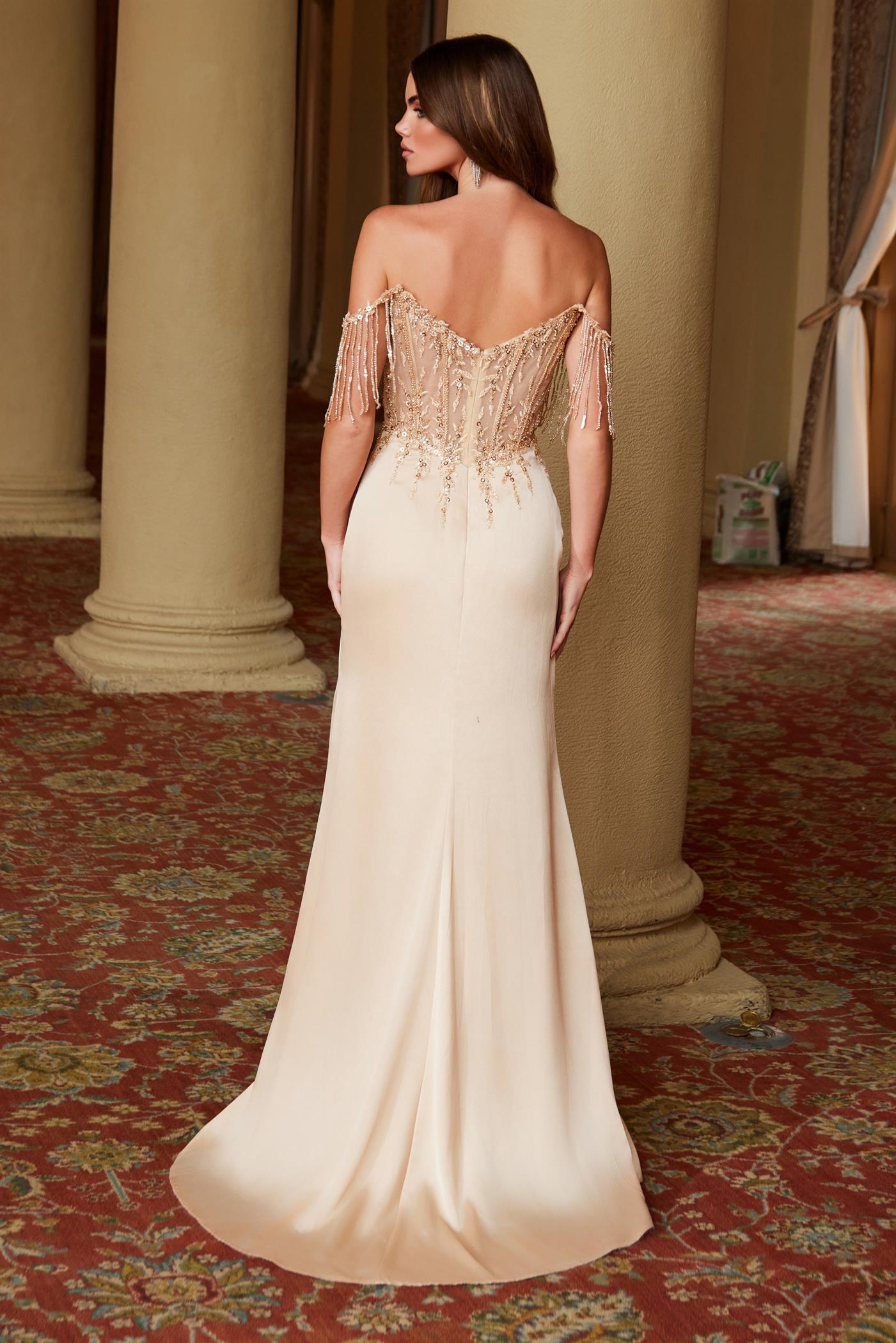 VANNA Off Shoulder Prom Dress with Sequin Appliqué and Satin Skirt, formal evening gown, elegant red carpet style, Brisbane to Gold Coast.