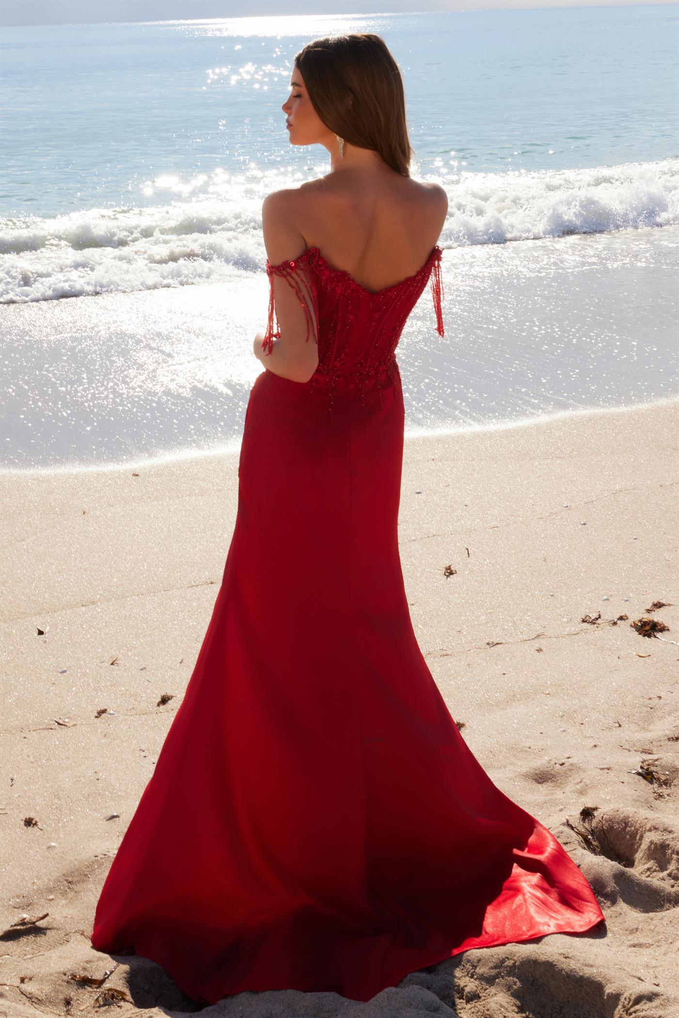 VANNA Boned Applique red satin prom gown, off-shoulder with sequin details, perfect for formal events. Brisbane to Gold Coast.