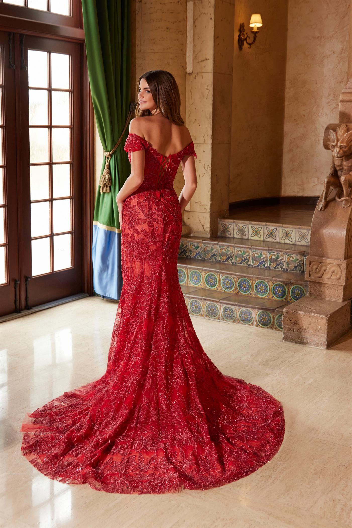 SABINA Embellished Beaded Tulle Mermaid dress with off-the-shoulder neckline in red. Perfect for prom and formal events. Brisbane to Gold Coast.