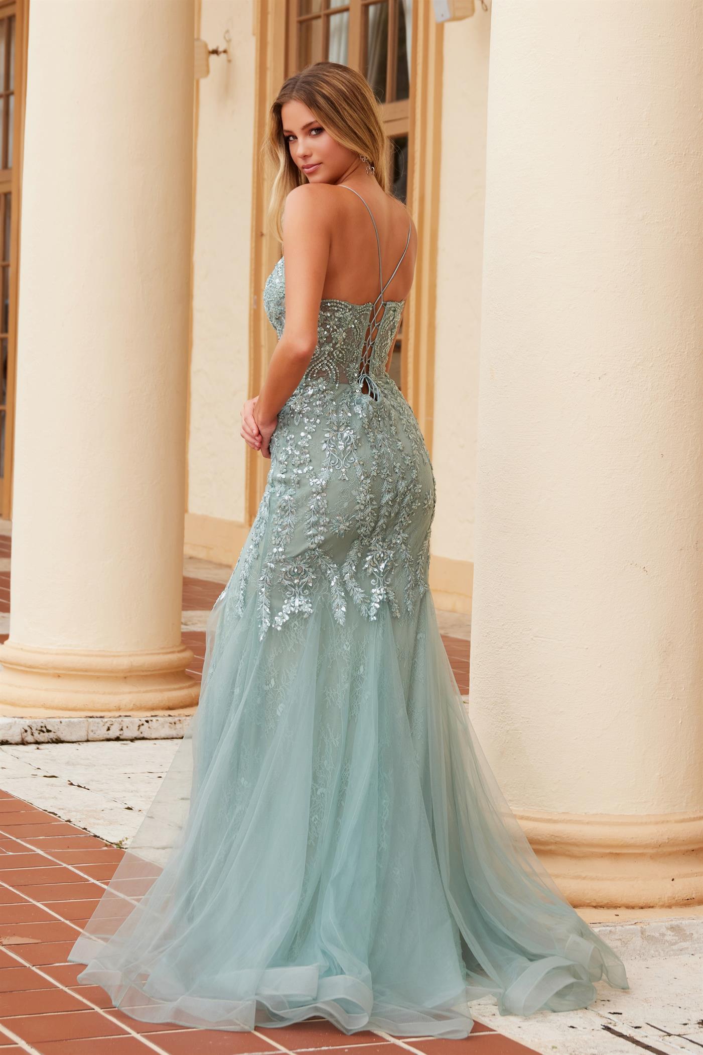 TAMANNA Beaded Applique Fitted Mermaid Formal Dress with sequin bodice and tulle skirt, perfect for prom, Brisbane to Gold Coast.