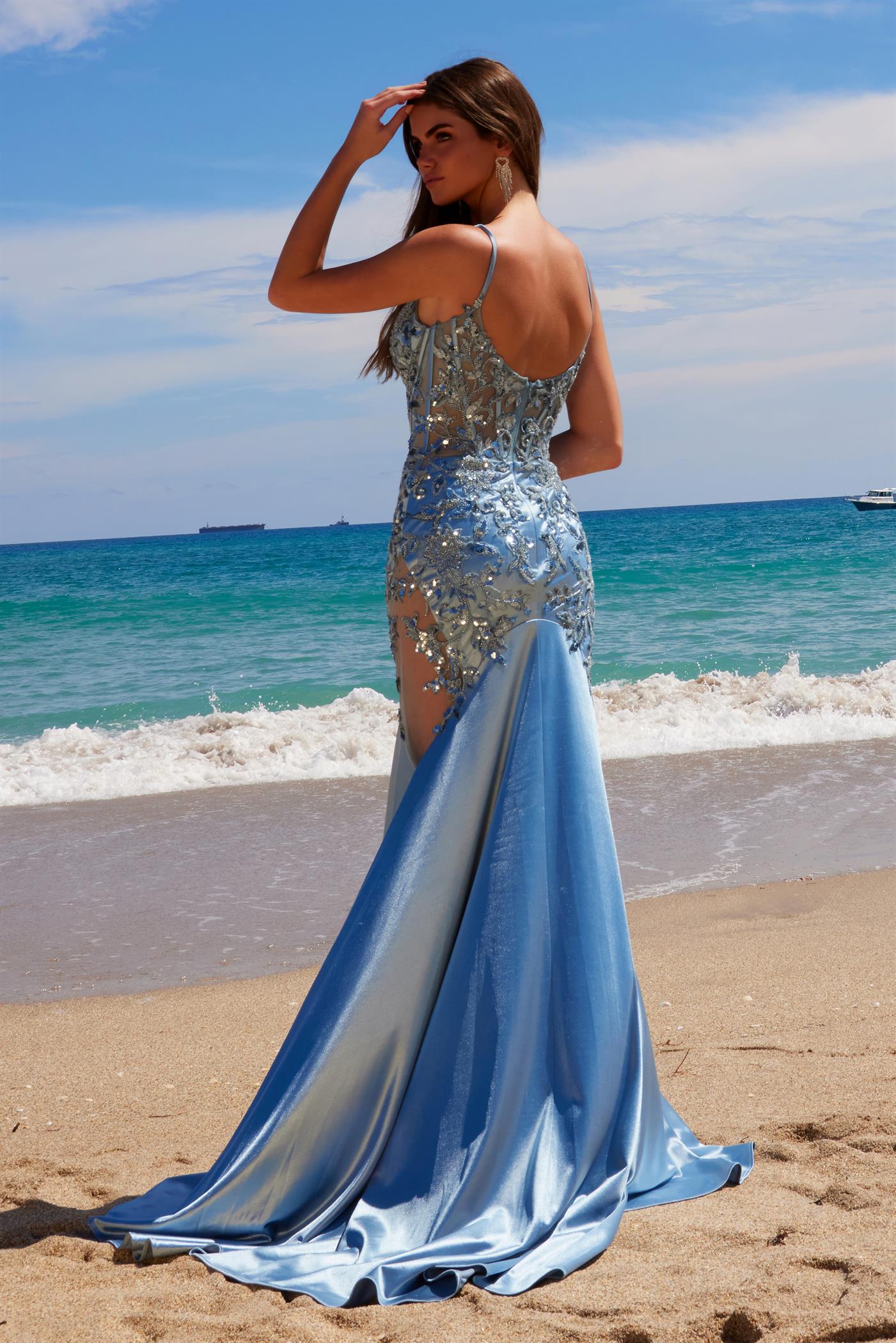 INGA Sequin Applique Trumpet Prom Dress with illusion waistline on beach. Elegant evening gown, Brisbane to Gold Coast, Australia.