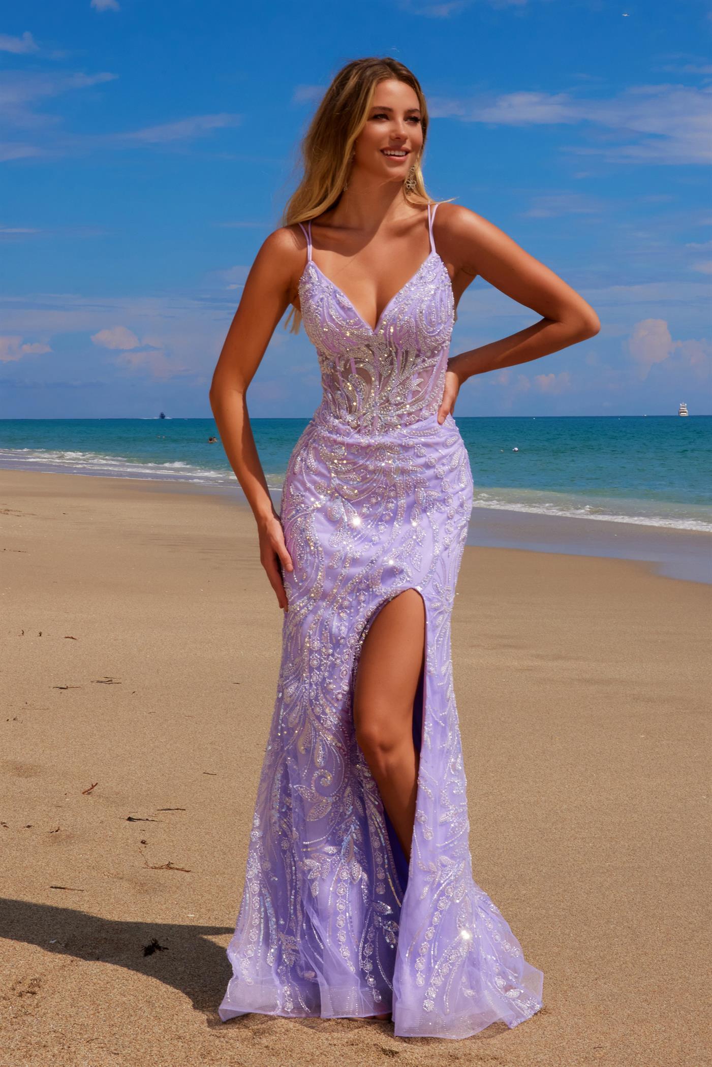 NEHA beaded sequin prom gown with spaghetti straps and thigh-high slit on the beach. Perfect for formal events. Brisbane to Gold Coast.