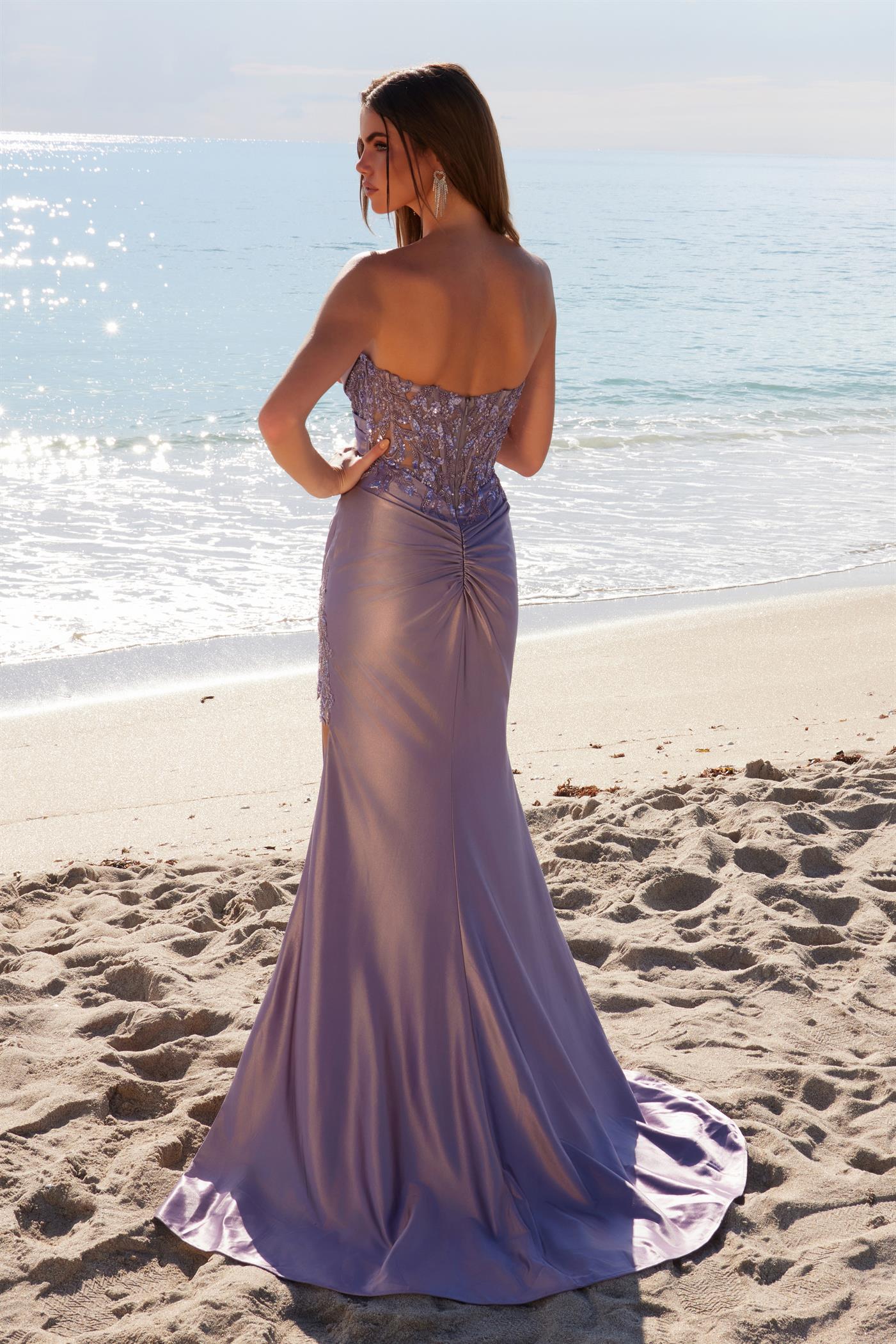 TIEN Strapless Sheer Beaded Bodice Mermaid Prom Dress with fitted satin finish on beach, Brisbane to Gold Coast.