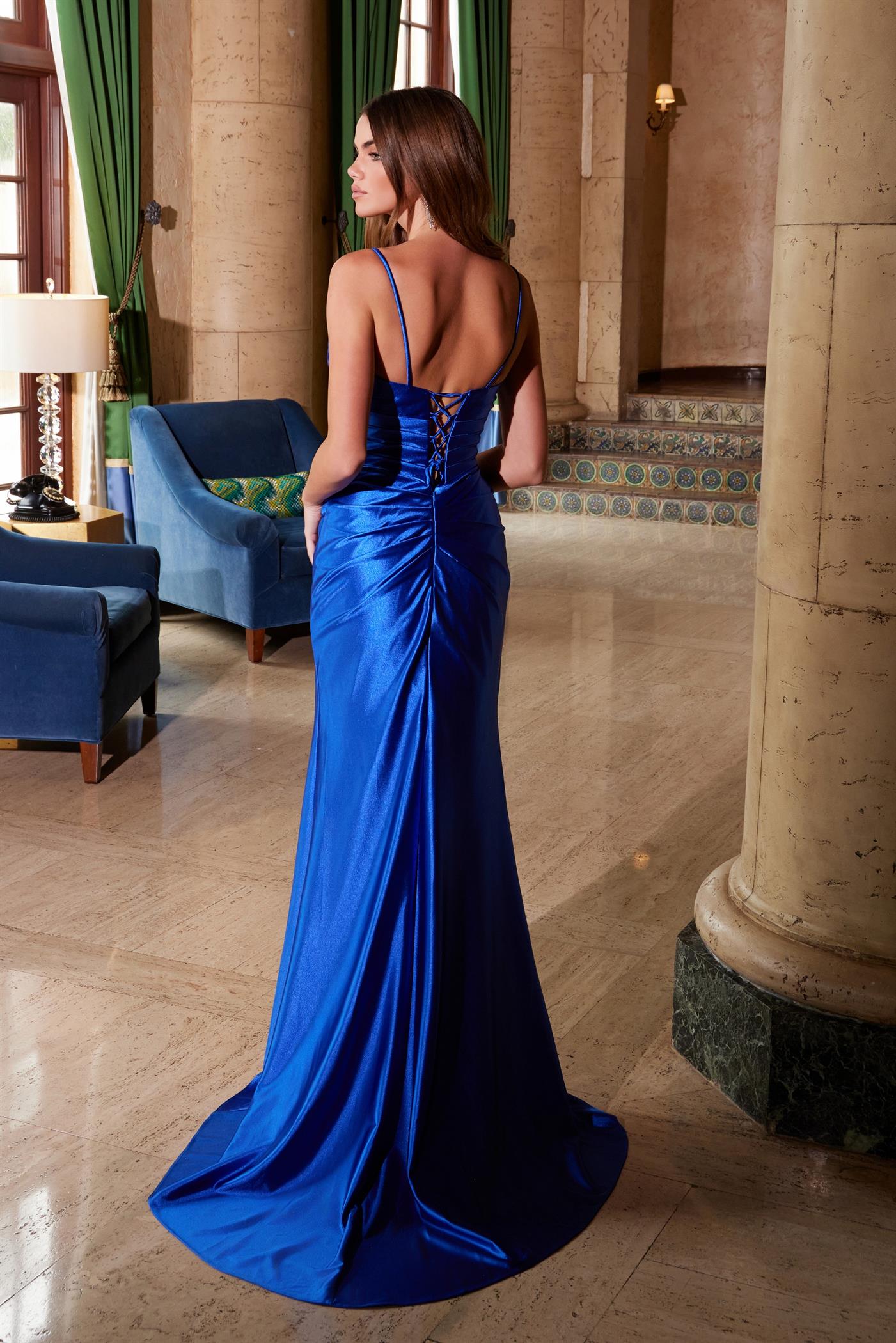 JOËLLE Stretch Satin Fitted Ruched Mermaid Prom & Formal Dress in blue with delicate spaghetti straps, featured in elegant indoor setting, Brisbane to Gold Coast.