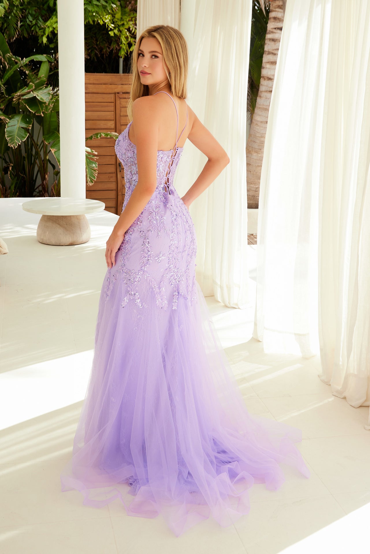 TAMANNA Beaded Applique Fitted Mermaid Prom Dress with sequin bodice and flowing tulle train, perfect for formal events. Brisbane to Gold Coast.