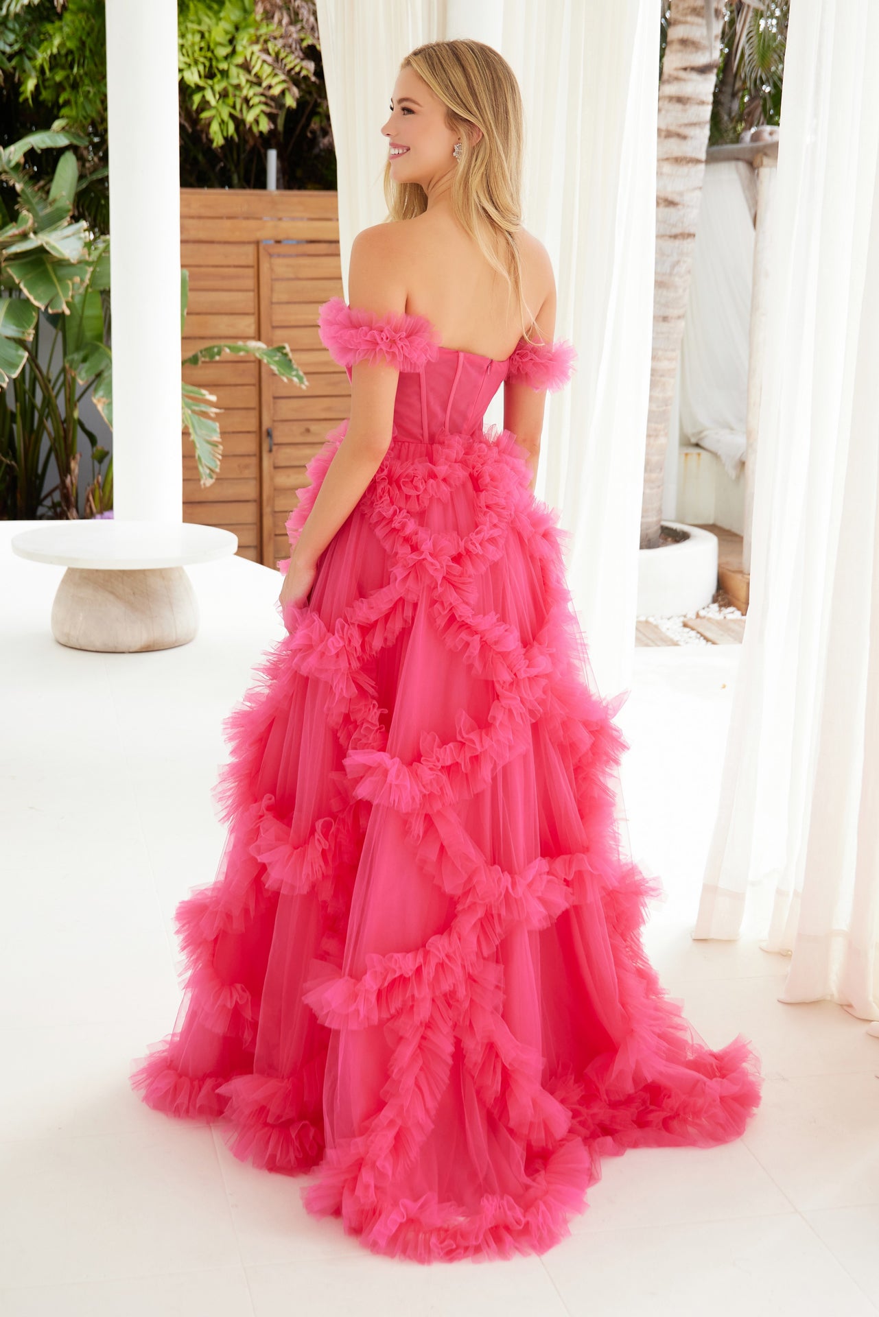 DORIT Off Shoulder Ruffle Tulle Ballgown with Sheer Mesh Bodice. Formal dress for events from Brisbane to Gold Coast.