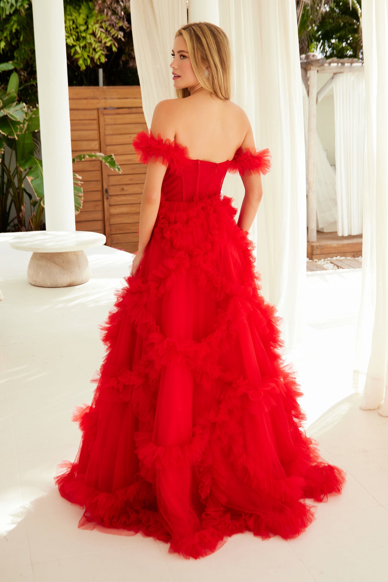 DORIT Off Shoulder Sheer Mesh Ruffle Tulle Ballgown with elegant off-shoulder design, perfect formal dress. Brisbane to Gold Coast.